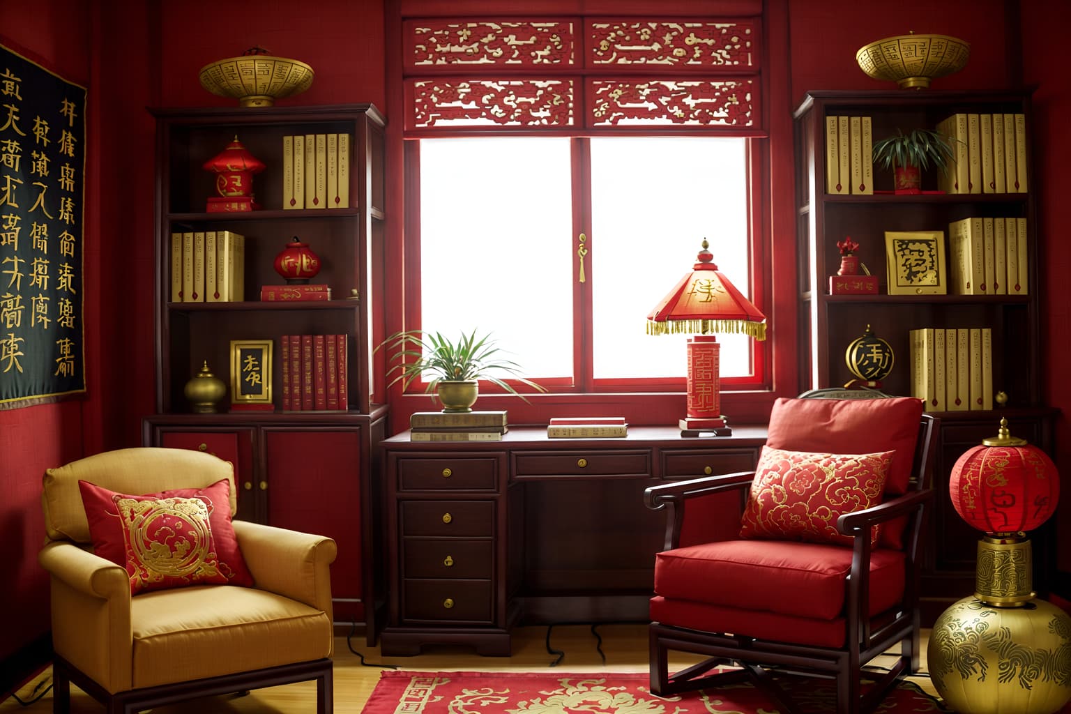 chinese new year-style (study room interior) with desk lamp and plant and writing desk and bookshelves and cabinets and lounge chair and office chair and desk lamp. . with zodiac calendar and door couplets and red and gold tassels and red fabric & pillows and chinese red lanterns and chinese knots and money tree and fai chun banners. . cinematic photo, highly detailed, cinematic lighting, ultra-detailed, ultrarealistic, photorealism, 8k. chinese new year interior design style. masterpiece, cinematic light, ultrarealistic+, photorealistic+, 8k, raw photo, realistic, sharp focus on eyes, (symmetrical eyes), (intact eyes), hyperrealistic, highest quality, best quality, , highly detailed, masterpiece, best quality, extremely detailed 8k wallpaper, masterpiece, best quality, ultra-detailed, best shadow, detailed background, detailed face, detailed eyes, high contrast, best illumination, detailed face, dulux, caustic, dynamic angle, detailed glow. dramatic lighting. highly detailed, insanely detailed hair, symmetrical, intricate details, professionally retouched, 8k high definition. strong bokeh. award winning photo.