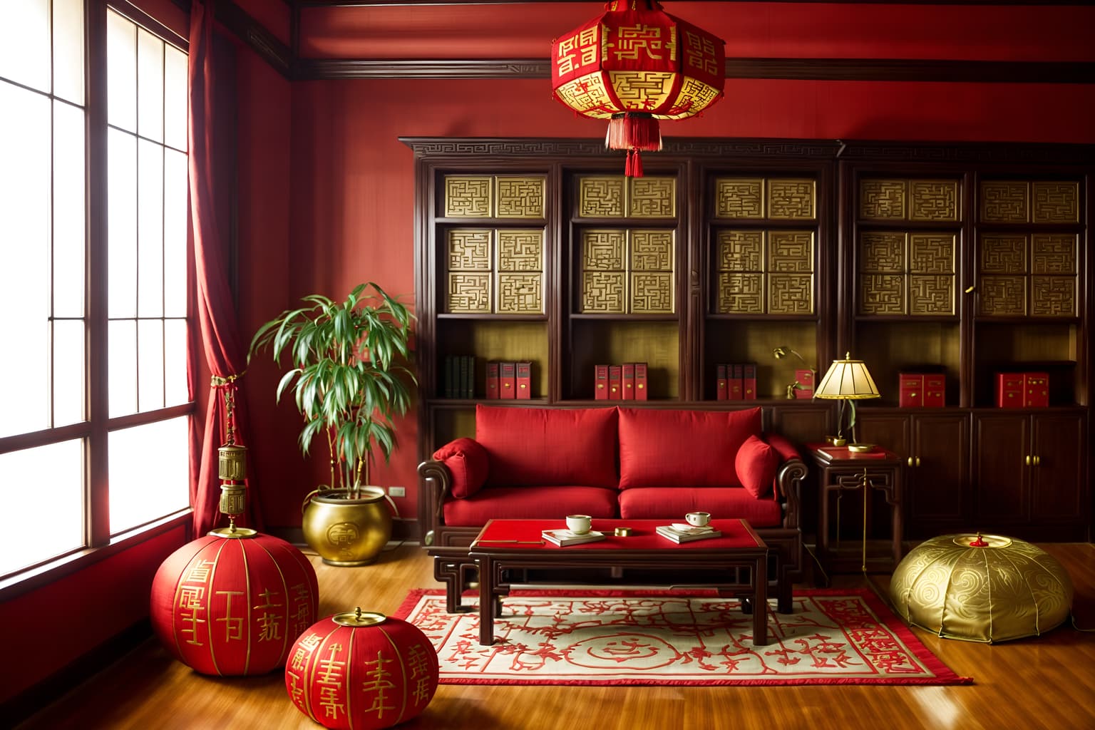 chinese new year-style (study room interior) with desk lamp and plant and writing desk and bookshelves and cabinets and lounge chair and office chair and desk lamp. . with zodiac calendar and door couplets and red and gold tassels and red fabric & pillows and chinese red lanterns and chinese knots and money tree and fai chun banners. . cinematic photo, highly detailed, cinematic lighting, ultra-detailed, ultrarealistic, photorealism, 8k. chinese new year interior design style. masterpiece, cinematic light, ultrarealistic+, photorealistic+, 8k, raw photo, realistic, sharp focus on eyes, (symmetrical eyes), (intact eyes), hyperrealistic, highest quality, best quality, , highly detailed, masterpiece, best quality, extremely detailed 8k wallpaper, masterpiece, best quality, ultra-detailed, best shadow, detailed background, detailed face, detailed eyes, high contrast, best illumination, detailed face, dulux, caustic, dynamic angle, detailed glow. dramatic lighting. highly detailed, insanely detailed hair, symmetrical, intricate details, professionally retouched, 8k high definition. strong bokeh. award winning photo.