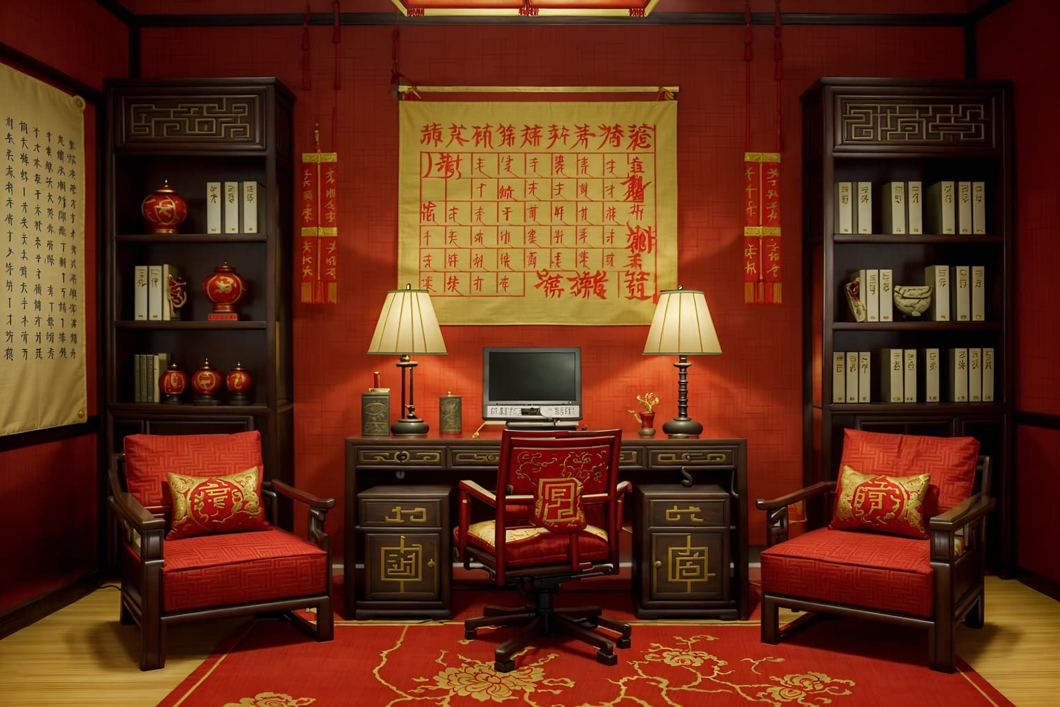 chinese new year-style (study room interior) with desk lamp and plant and writing desk and bookshelves and cabinets and lounge chair and office chair and desk lamp. . with zodiac calendar and door couplets and red and gold tassels and red fabric & pillows and chinese red lanterns and chinese knots and money tree and fai chun banners. . cinematic photo, highly detailed, cinematic lighting, ultra-detailed, ultrarealistic, photorealism, 8k. chinese new year interior design style. masterpiece, cinematic light, ultrarealistic+, photorealistic+, 8k, raw photo, realistic, sharp focus on eyes, (symmetrical eyes), (intact eyes), hyperrealistic, highest quality, best quality, , highly detailed, masterpiece, best quality, extremely detailed 8k wallpaper, masterpiece, best quality, ultra-detailed, best shadow, detailed background, detailed face, detailed eyes, high contrast, best illumination, detailed face, dulux, caustic, dynamic angle, detailed glow. dramatic lighting. highly detailed, insanely detailed hair, symmetrical, intricate details, professionally retouched, 8k high definition. strong bokeh. award winning photo.