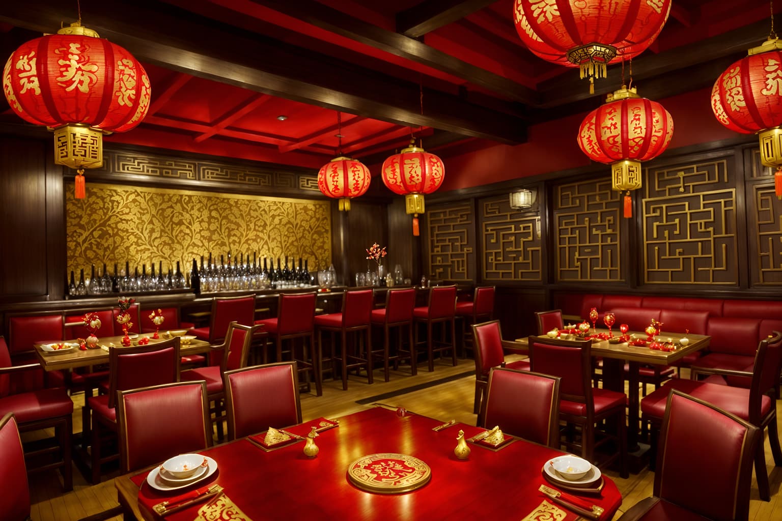 chinese new year-style (restaurant interior) with restaurant bar and restaurant chairs and restaurant dining tables and restaurant decor and restaurant bar. . with fai chun banners and chinese red lanterns and chinese knots and gold ingots and red and gold candles and vases of plum blossoms and orchids and door couplets and paper cuttings. . cinematic photo, highly detailed, cinematic lighting, ultra-detailed, ultrarealistic, photorealism, 8k. chinese new year interior design style. masterpiece, cinematic light, ultrarealistic+, photorealistic+, 8k, raw photo, realistic, sharp focus on eyes, (symmetrical eyes), (intact eyes), hyperrealistic, highest quality, best quality, , highly detailed, masterpiece, best quality, extremely detailed 8k wallpaper, masterpiece, best quality, ultra-detailed, best shadow, detailed background, detailed face, detailed eyes, high contrast, best illumination, detailed face, dulux, caustic, dynamic angle, detailed glow. dramatic lighting. highly detailed, insanely detailed hair, symmetrical, intricate details, professionally retouched, 8k high definition. strong bokeh. award winning photo.