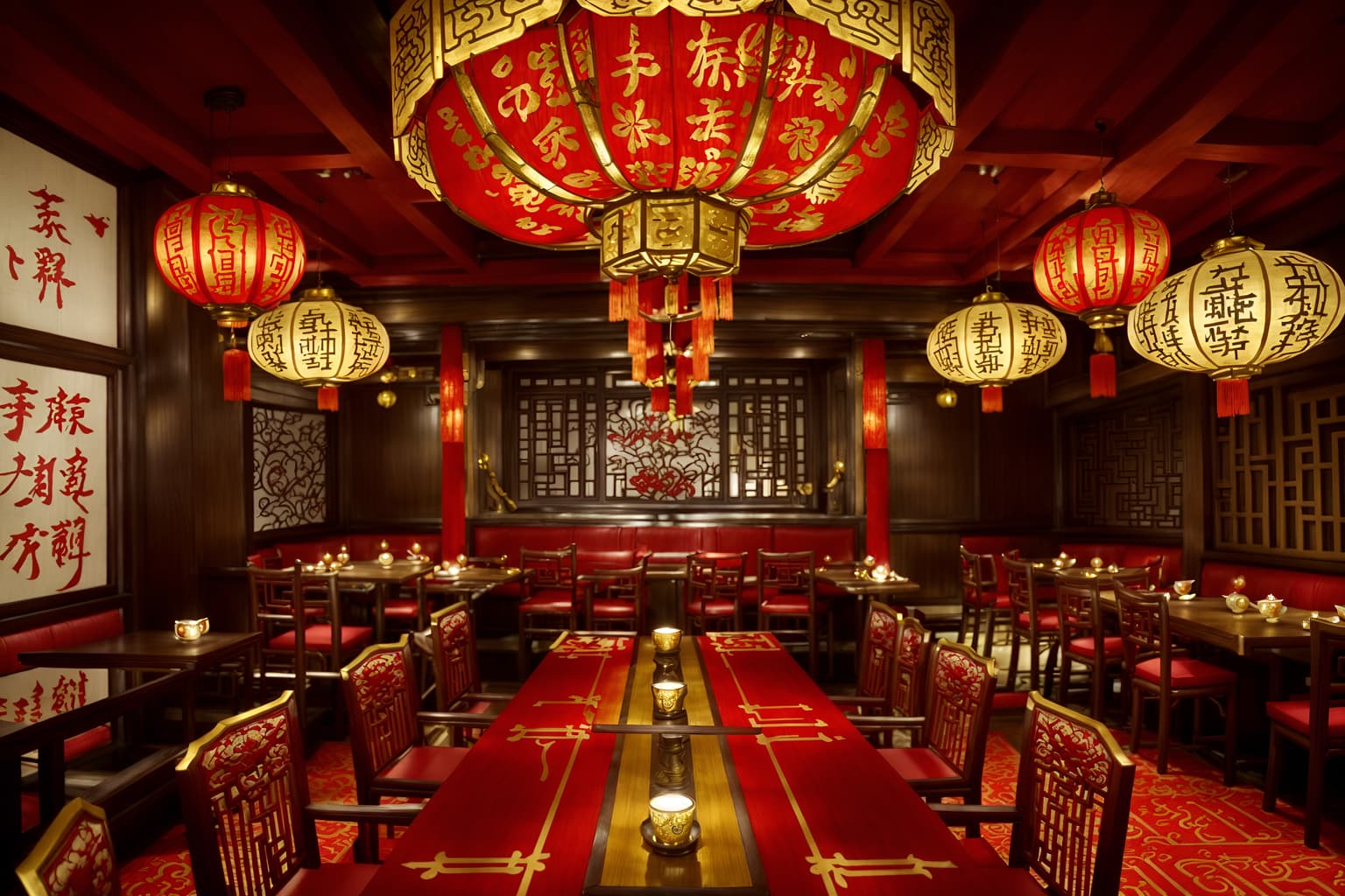 chinese new year-style (restaurant interior) with restaurant bar and restaurant chairs and restaurant dining tables and restaurant decor and restaurant bar. . with fai chun banners and chinese red lanterns and chinese knots and gold ingots and red and gold candles and vases of plum blossoms and orchids and door couplets and paper cuttings. . cinematic photo, highly detailed, cinematic lighting, ultra-detailed, ultrarealistic, photorealism, 8k. chinese new year interior design style. masterpiece, cinematic light, ultrarealistic+, photorealistic+, 8k, raw photo, realistic, sharp focus on eyes, (symmetrical eyes), (intact eyes), hyperrealistic, highest quality, best quality, , highly detailed, masterpiece, best quality, extremely detailed 8k wallpaper, masterpiece, best quality, ultra-detailed, best shadow, detailed background, detailed face, detailed eyes, high contrast, best illumination, detailed face, dulux, caustic, dynamic angle, detailed glow. dramatic lighting. highly detailed, insanely detailed hair, symmetrical, intricate details, professionally retouched, 8k high definition. strong bokeh. award winning photo.