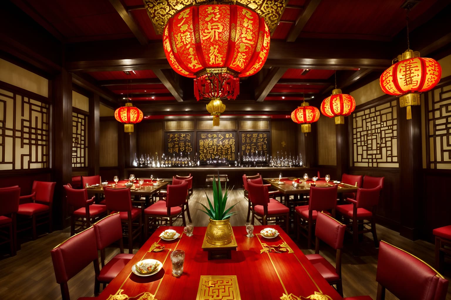 chinese new year-style (restaurant interior) with restaurant bar and restaurant chairs and restaurant dining tables and restaurant decor and restaurant bar. . with fai chun banners and chinese red lanterns and chinese knots and gold ingots and red and gold candles and vases of plum blossoms and orchids and door couplets and paper cuttings. . cinematic photo, highly detailed, cinematic lighting, ultra-detailed, ultrarealistic, photorealism, 8k. chinese new year interior design style. masterpiece, cinematic light, ultrarealistic+, photorealistic+, 8k, raw photo, realistic, sharp focus on eyes, (symmetrical eyes), (intact eyes), hyperrealistic, highest quality, best quality, , highly detailed, masterpiece, best quality, extremely detailed 8k wallpaper, masterpiece, best quality, ultra-detailed, best shadow, detailed background, detailed face, detailed eyes, high contrast, best illumination, detailed face, dulux, caustic, dynamic angle, detailed glow. dramatic lighting. highly detailed, insanely detailed hair, symmetrical, intricate details, professionally retouched, 8k high definition. strong bokeh. award winning photo.