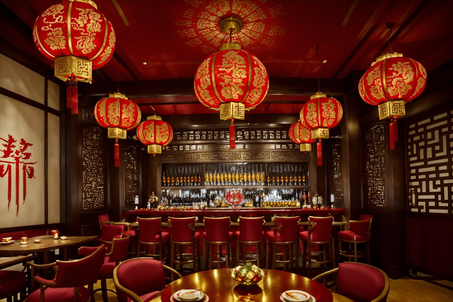 chinese new year-style (restaurant interior) with restaurant bar and restaurant chairs and restaurant dining tables and restaurant decor and restaurant bar. . with fai chun banners and chinese red lanterns and chinese knots and gold ingots and red and gold candles and vases of plum blossoms and orchids and door couplets and paper cuttings. . cinematic photo, highly detailed, cinematic lighting, ultra-detailed, ultrarealistic, photorealism, 8k. chinese new year interior design style. masterpiece, cinematic light, ultrarealistic+, photorealistic+, 8k, raw photo, realistic, sharp focus on eyes, (symmetrical eyes), (intact eyes), hyperrealistic, highest quality, best quality, , highly detailed, masterpiece, best quality, extremely detailed 8k wallpaper, masterpiece, best quality, ultra-detailed, best shadow, detailed background, detailed face, detailed eyes, high contrast, best illumination, detailed face, dulux, caustic, dynamic angle, detailed glow. dramatic lighting. highly detailed, insanely detailed hair, symmetrical, intricate details, professionally retouched, 8k high definition. strong bokeh. award winning photo.