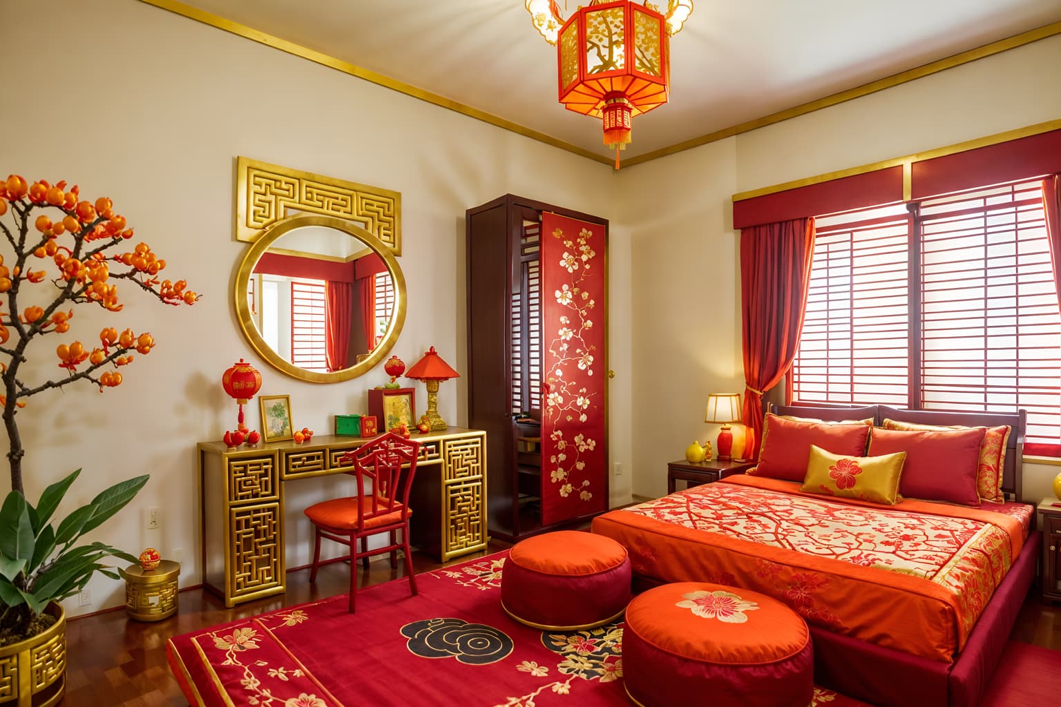 chinese new year-style (kids room interior) with kids desk and dresser closet and mirror and storage bench or ottoman and plant and accent chair and bed and headboard. . with red and gold candles and kumquat trees and chinese knots and vases of plum blossoms and orchids and door couplets and gold ingots and orange trees and paper cuttings. . cinematic photo, highly detailed, cinematic lighting, ultra-detailed, ultrarealistic, photorealism, 8k. chinese new year interior design style. masterpiece, cinematic light, ultrarealistic+, photorealistic+, 8k, raw photo, realistic, sharp focus on eyes, (symmetrical eyes), (intact eyes), hyperrealistic, highest quality, best quality, , highly detailed, masterpiece, best quality, extremely detailed 8k wallpaper, masterpiece, best quality, ultra-detailed, best shadow, detailed background, detailed face, detailed eyes, high contrast, best illumination, detailed face, dulux, caustic, dynamic angle, detailed glow. dramatic lighting. highly detailed, insanely detailed hair, symmetrical, intricate details, professionally retouched, 8k high definition. strong bokeh. award winning photo.