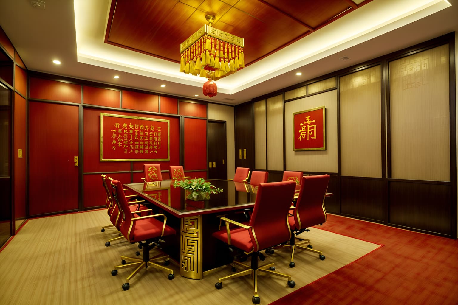 chinese new year-style (meeting room interior) with cabinets and office chairs and vase and glass walls and painting or photo on wall and boardroom table and glass doors and plant. . with red and gold candles and gold ingots and kumquat trees and zodiac calendar and paper firecrackers and chinese knots and red and gold tassels and door couplets. . cinematic photo, highly detailed, cinematic lighting, ultra-detailed, ultrarealistic, photorealism, 8k. chinese new year interior design style. masterpiece, cinematic light, ultrarealistic+, photorealistic+, 8k, raw photo, realistic, sharp focus on eyes, (symmetrical eyes), (intact eyes), hyperrealistic, highest quality, best quality, , highly detailed, masterpiece, best quality, extremely detailed 8k wallpaper, masterpiece, best quality, ultra-detailed, best shadow, detailed background, detailed face, detailed eyes, high contrast, best illumination, detailed face, dulux, caustic, dynamic angle, detailed glow. dramatic lighting. highly detailed, insanely detailed hair, symmetrical, intricate details, professionally retouched, 8k high definition. strong bokeh. award winning photo.
