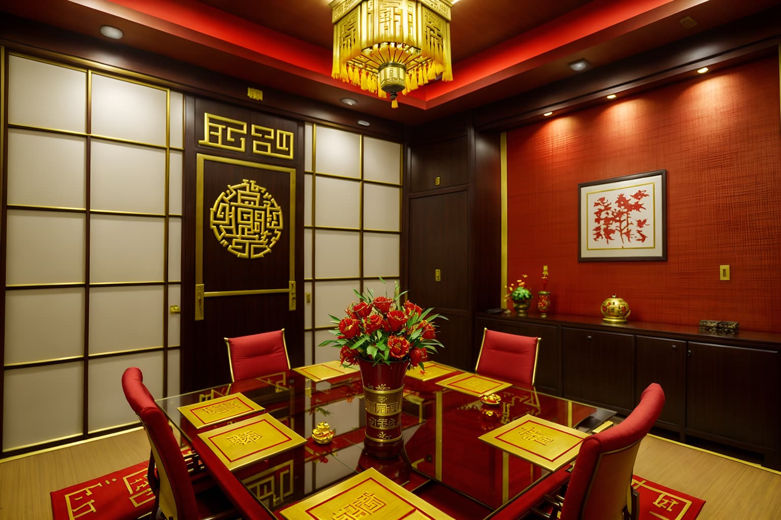 chinese new year-style (meeting room interior) with cabinets and office chairs and vase and glass walls and painting or photo on wall and boardroom table and glass doors and plant. . with red and gold candles and gold ingots and kumquat trees and zodiac calendar and paper firecrackers and chinese knots and red and gold tassels and door couplets. . cinematic photo, highly detailed, cinematic lighting, ultra-detailed, ultrarealistic, photorealism, 8k. chinese new year interior design style. masterpiece, cinematic light, ultrarealistic+, photorealistic+, 8k, raw photo, realistic, sharp focus on eyes, (symmetrical eyes), (intact eyes), hyperrealistic, highest quality, best quality, , highly detailed, masterpiece, best quality, extremely detailed 8k wallpaper, masterpiece, best quality, ultra-detailed, best shadow, detailed background, detailed face, detailed eyes, high contrast, best illumination, detailed face, dulux, caustic, dynamic angle, detailed glow. dramatic lighting. highly detailed, insanely detailed hair, symmetrical, intricate details, professionally retouched, 8k high definition. strong bokeh. award winning photo.