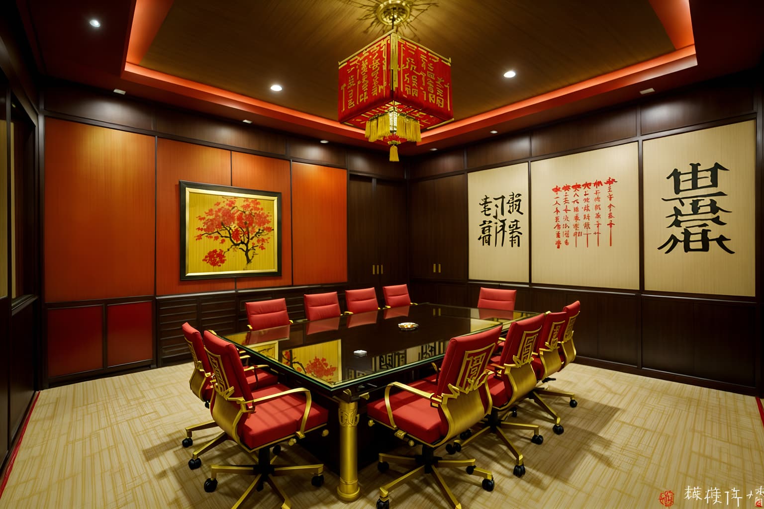 chinese new year-style (meeting room interior) with cabinets and office chairs and vase and glass walls and painting or photo on wall and boardroom table and glass doors and plant. . with red and gold candles and gold ingots and kumquat trees and zodiac calendar and paper firecrackers and chinese knots and red and gold tassels and door couplets. . cinematic photo, highly detailed, cinematic lighting, ultra-detailed, ultrarealistic, photorealism, 8k. chinese new year interior design style. masterpiece, cinematic light, ultrarealistic+, photorealistic+, 8k, raw photo, realistic, sharp focus on eyes, (symmetrical eyes), (intact eyes), hyperrealistic, highest quality, best quality, , highly detailed, masterpiece, best quality, extremely detailed 8k wallpaper, masterpiece, best quality, ultra-detailed, best shadow, detailed background, detailed face, detailed eyes, high contrast, best illumination, detailed face, dulux, caustic, dynamic angle, detailed glow. dramatic lighting. highly detailed, insanely detailed hair, symmetrical, intricate details, professionally retouched, 8k high definition. strong bokeh. award winning photo.
