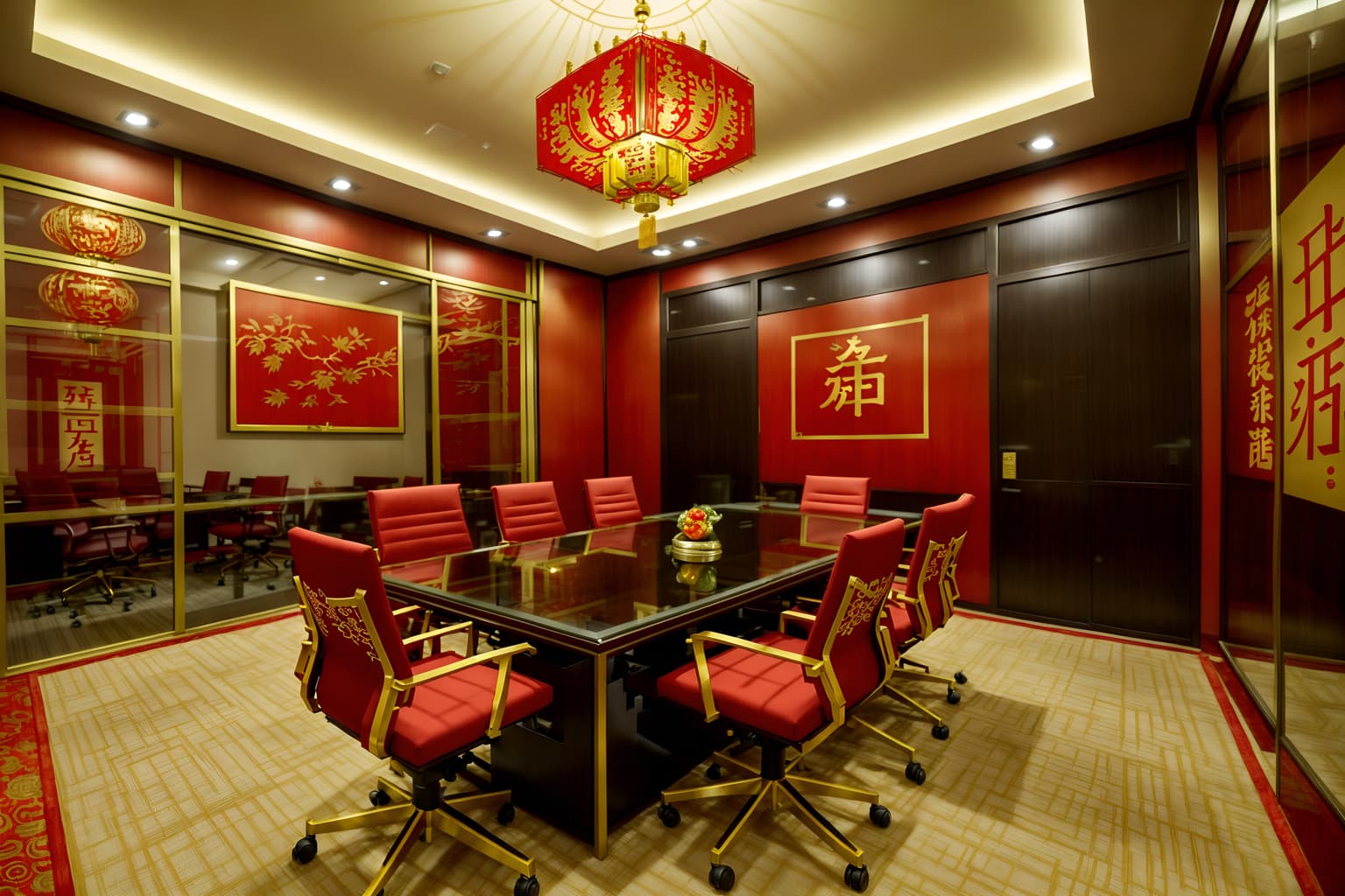 chinese new year-style (meeting room interior) with cabinets and office chairs and vase and glass walls and painting or photo on wall and boardroom table and glass doors and plant. . with red and gold candles and gold ingots and kumquat trees and zodiac calendar and paper firecrackers and chinese knots and red and gold tassels and door couplets. . cinematic photo, highly detailed, cinematic lighting, ultra-detailed, ultrarealistic, photorealism, 8k. chinese new year interior design style. masterpiece, cinematic light, ultrarealistic+, photorealistic+, 8k, raw photo, realistic, sharp focus on eyes, (symmetrical eyes), (intact eyes), hyperrealistic, highest quality, best quality, , highly detailed, masterpiece, best quality, extremely detailed 8k wallpaper, masterpiece, best quality, ultra-detailed, best shadow, detailed background, detailed face, detailed eyes, high contrast, best illumination, detailed face, dulux, caustic, dynamic angle, detailed glow. dramatic lighting. highly detailed, insanely detailed hair, symmetrical, intricate details, professionally retouched, 8k high definition. strong bokeh. award winning photo.