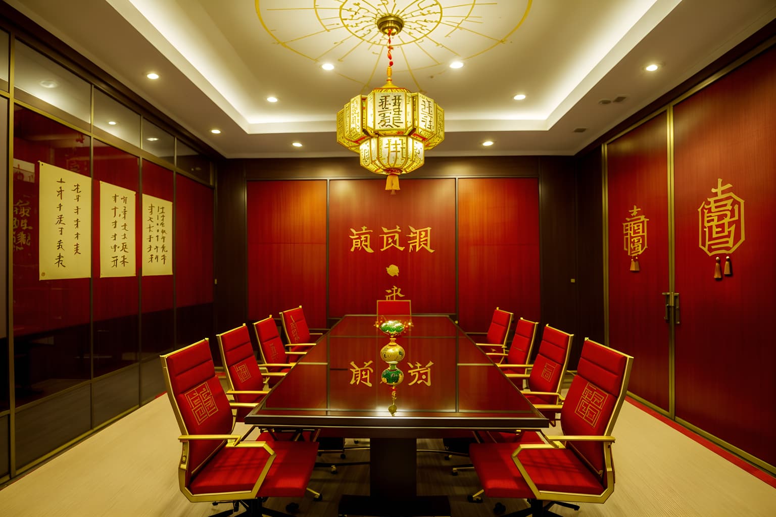 chinese new year-style (meeting room interior) with cabinets and office chairs and vase and glass walls and painting or photo on wall and boardroom table and glass doors and plant. . with red and gold candles and gold ingots and kumquat trees and zodiac calendar and paper firecrackers and chinese knots and red and gold tassels and door couplets. . cinematic photo, highly detailed, cinematic lighting, ultra-detailed, ultrarealistic, photorealism, 8k. chinese new year interior design style. masterpiece, cinematic light, ultrarealistic+, photorealistic+, 8k, raw photo, realistic, sharp focus on eyes, (symmetrical eyes), (intact eyes), hyperrealistic, highest quality, best quality, , highly detailed, masterpiece, best quality, extremely detailed 8k wallpaper, masterpiece, best quality, ultra-detailed, best shadow, detailed background, detailed face, detailed eyes, high contrast, best illumination, detailed face, dulux, caustic, dynamic angle, detailed glow. dramatic lighting. highly detailed, insanely detailed hair, symmetrical, intricate details, professionally retouched, 8k high definition. strong bokeh. award winning photo.