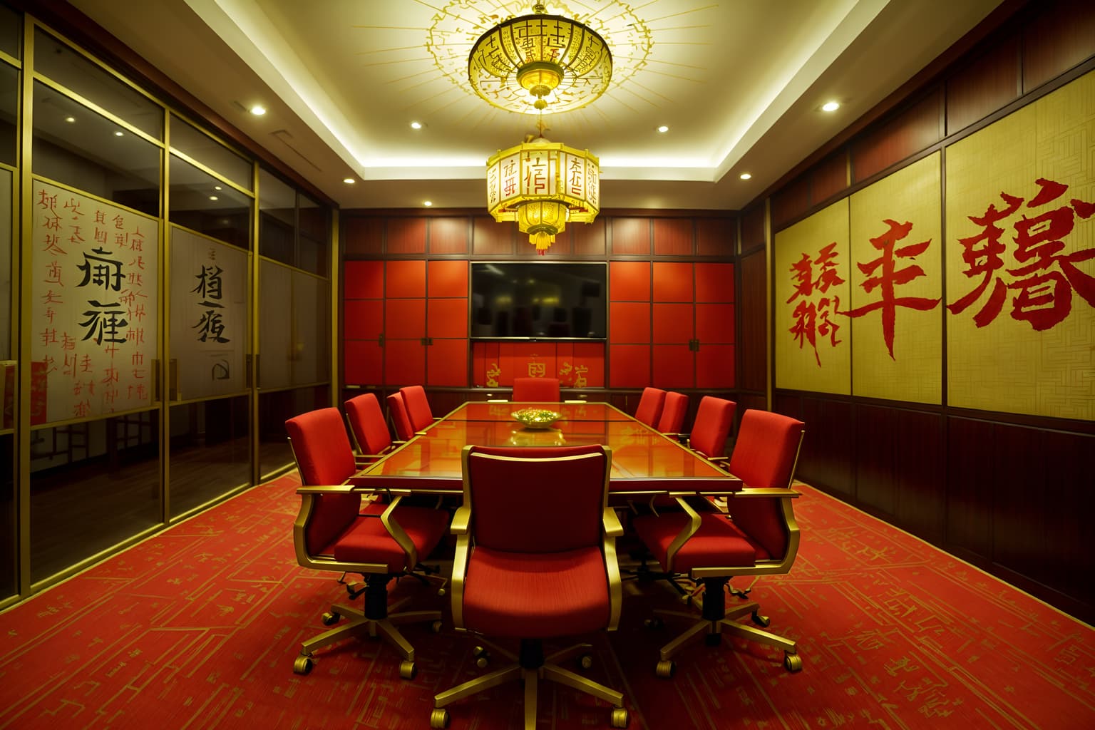 chinese new year-style (meeting room interior) with cabinets and office chairs and vase and glass walls and painting or photo on wall and boardroom table and glass doors and plant. . with red and gold candles and gold ingots and kumquat trees and zodiac calendar and paper firecrackers and chinese knots and red and gold tassels and door couplets. . cinematic photo, highly detailed, cinematic lighting, ultra-detailed, ultrarealistic, photorealism, 8k. chinese new year interior design style. masterpiece, cinematic light, ultrarealistic+, photorealistic+, 8k, raw photo, realistic, sharp focus on eyes, (symmetrical eyes), (intact eyes), hyperrealistic, highest quality, best quality, , highly detailed, masterpiece, best quality, extremely detailed 8k wallpaper, masterpiece, best quality, ultra-detailed, best shadow, detailed background, detailed face, detailed eyes, high contrast, best illumination, detailed face, dulux, caustic, dynamic angle, detailed glow. dramatic lighting. highly detailed, insanely detailed hair, symmetrical, intricate details, professionally retouched, 8k high definition. strong bokeh. award winning photo.