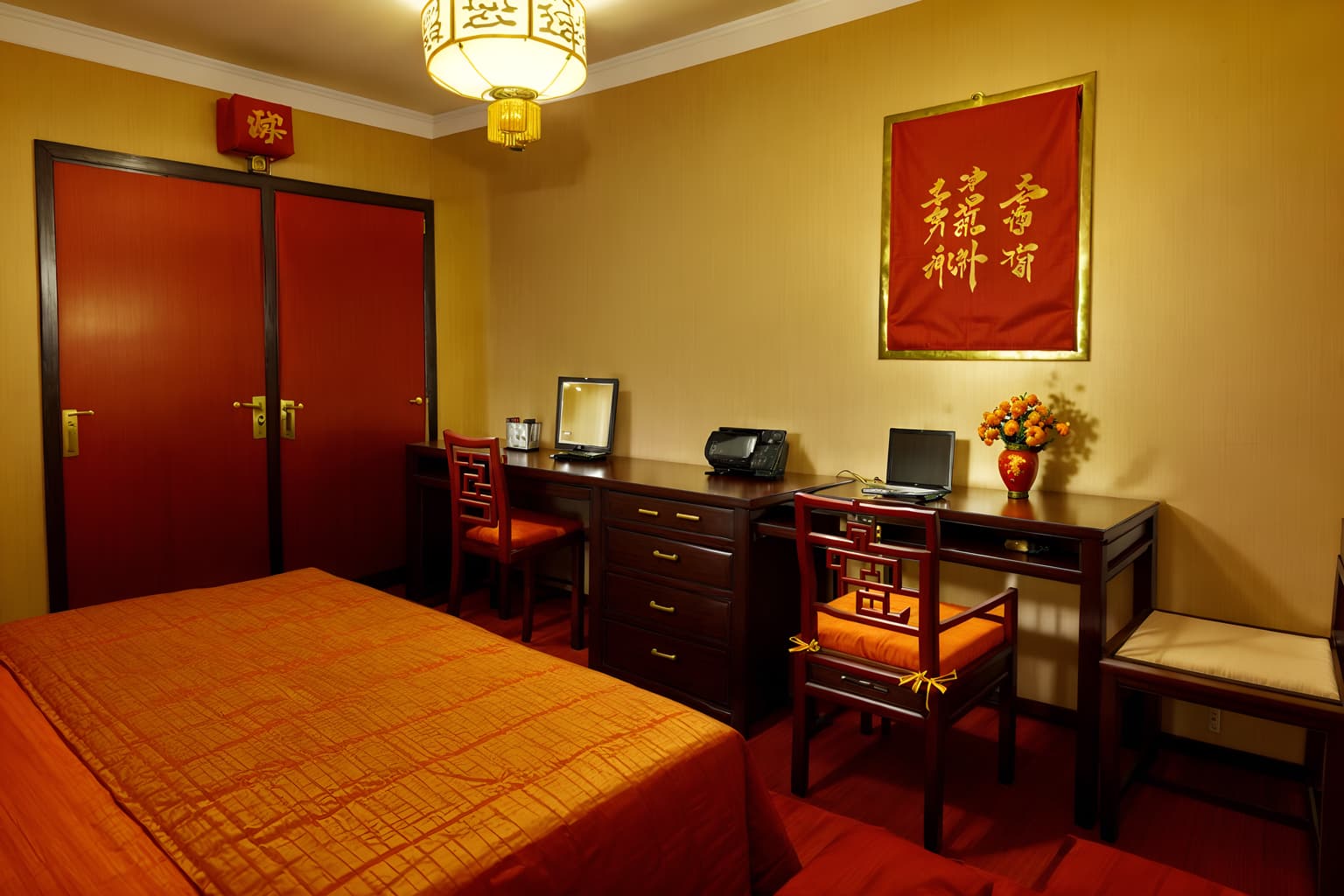 chinese new year-style (hotel room interior) with storage bench or ottoman and working desk with desk chair and hotel bathroom and headboard and night light and mirror and dresser closet and bed. . with door couplets and red and gold candles and gold ingots and kumquat trees and orange trees and fai chun banners and chinese knots and vases of plum blossoms and orchids. . cinematic photo, highly detailed, cinematic lighting, ultra-detailed, ultrarealistic, photorealism, 8k. chinese new year interior design style. masterpiece, cinematic light, ultrarealistic+, photorealistic+, 8k, raw photo, realistic, sharp focus on eyes, (symmetrical eyes), (intact eyes), hyperrealistic, highest quality, best quality, , highly detailed, masterpiece, best quality, extremely detailed 8k wallpaper, masterpiece, best quality, ultra-detailed, best shadow, detailed background, detailed face, detailed eyes, high contrast, best illumination, detailed face, dulux, caustic, dynamic angle, detailed glow. dramatic lighting. highly detailed, insanely detailed hair, symmetrical, intricate details, professionally retouched, 8k high definition. strong bokeh. award winning photo.
