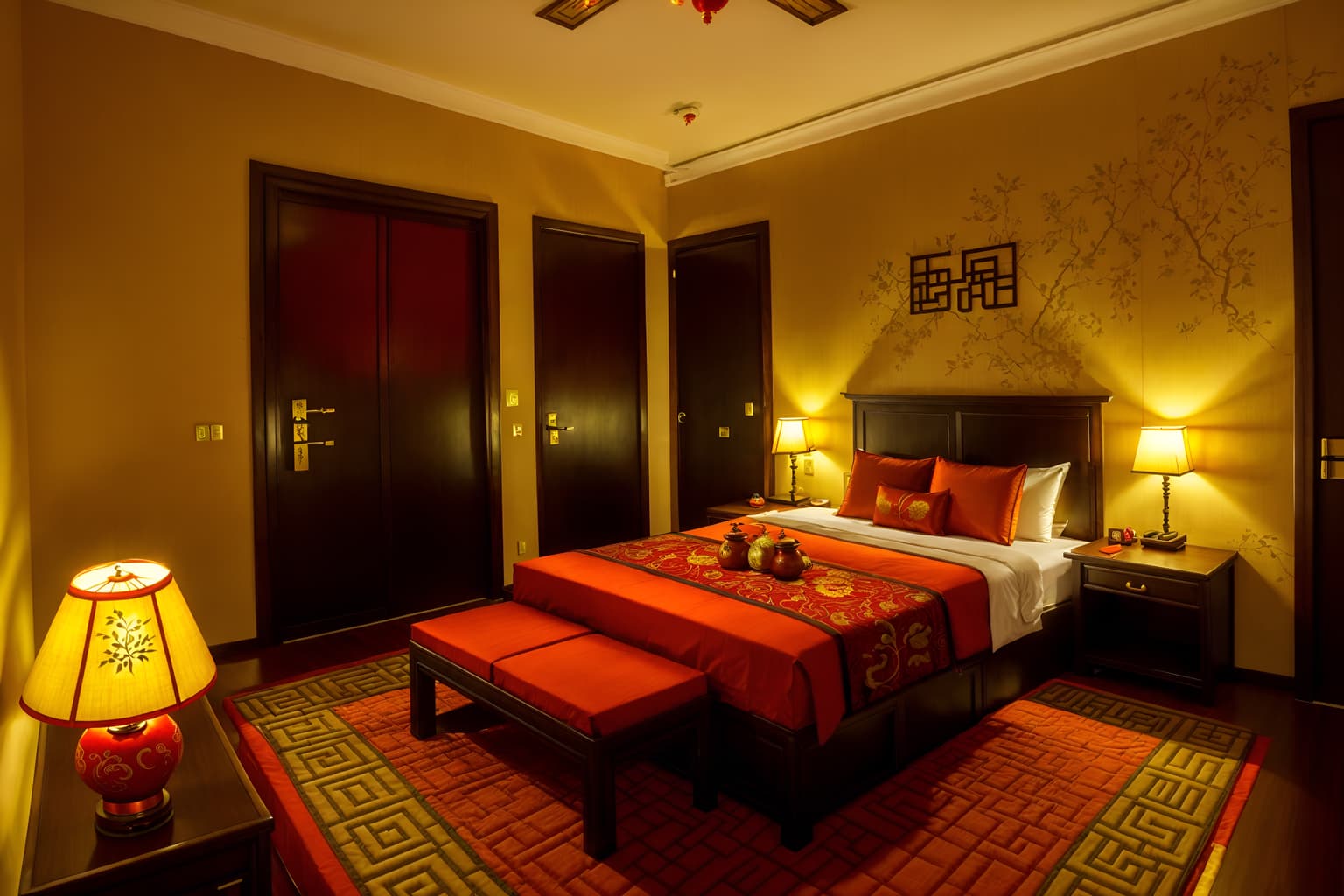 chinese new year-style (hotel room interior) with storage bench or ottoman and working desk with desk chair and hotel bathroom and headboard and night light and mirror and dresser closet and bed. . with door couplets and red and gold candles and gold ingots and kumquat trees and orange trees and fai chun banners and chinese knots and vases of plum blossoms and orchids. . cinematic photo, highly detailed, cinematic lighting, ultra-detailed, ultrarealistic, photorealism, 8k. chinese new year interior design style. masterpiece, cinematic light, ultrarealistic+, photorealistic+, 8k, raw photo, realistic, sharp focus on eyes, (symmetrical eyes), (intact eyes), hyperrealistic, highest quality, best quality, , highly detailed, masterpiece, best quality, extremely detailed 8k wallpaper, masterpiece, best quality, ultra-detailed, best shadow, detailed background, detailed face, detailed eyes, high contrast, best illumination, detailed face, dulux, caustic, dynamic angle, detailed glow. dramatic lighting. highly detailed, insanely detailed hair, symmetrical, intricate details, professionally retouched, 8k high definition. strong bokeh. award winning photo.