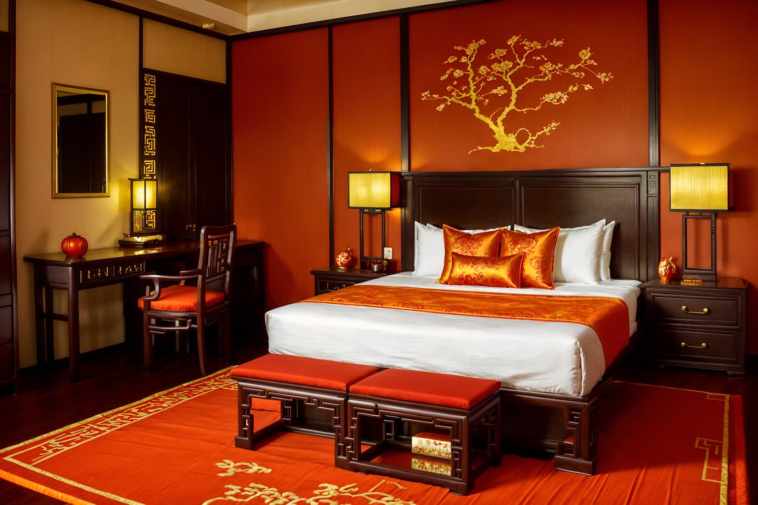 chinese new year-style (hotel room interior) with storage bench or ottoman and working desk with desk chair and hotel bathroom and headboard and night light and mirror and dresser closet and bed. . with door couplets and red and gold candles and gold ingots and kumquat trees and orange trees and fai chun banners and chinese knots and vases of plum blossoms and orchids. . cinematic photo, highly detailed, cinematic lighting, ultra-detailed, ultrarealistic, photorealism, 8k. chinese new year interior design style. masterpiece, cinematic light, ultrarealistic+, photorealistic+, 8k, raw photo, realistic, sharp focus on eyes, (symmetrical eyes), (intact eyes), hyperrealistic, highest quality, best quality, , highly detailed, masterpiece, best quality, extremely detailed 8k wallpaper, masterpiece, best quality, ultra-detailed, best shadow, detailed background, detailed face, detailed eyes, high contrast, best illumination, detailed face, dulux, caustic, dynamic angle, detailed glow. dramatic lighting. highly detailed, insanely detailed hair, symmetrical, intricate details, professionally retouched, 8k high definition. strong bokeh. award winning photo.