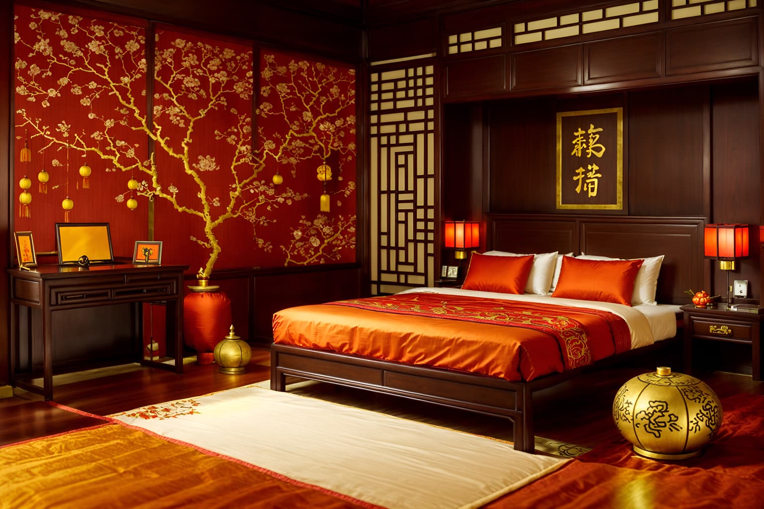 chinese new year-style (hotel room interior) with storage bench or ottoman and working desk with desk chair and hotel bathroom and headboard and night light and mirror and dresser closet and bed. . with door couplets and red and gold candles and gold ingots and kumquat trees and orange trees and fai chun banners and chinese knots and vases of plum blossoms and orchids. . cinematic photo, highly detailed, cinematic lighting, ultra-detailed, ultrarealistic, photorealism, 8k. chinese new year interior design style. masterpiece, cinematic light, ultrarealistic+, photorealistic+, 8k, raw photo, realistic, sharp focus on eyes, (symmetrical eyes), (intact eyes), hyperrealistic, highest quality, best quality, , highly detailed, masterpiece, best quality, extremely detailed 8k wallpaper, masterpiece, best quality, ultra-detailed, best shadow, detailed background, detailed face, detailed eyes, high contrast, best illumination, detailed face, dulux, caustic, dynamic angle, detailed glow. dramatic lighting. highly detailed, insanely detailed hair, symmetrical, intricate details, professionally retouched, 8k high definition. strong bokeh. award winning photo.