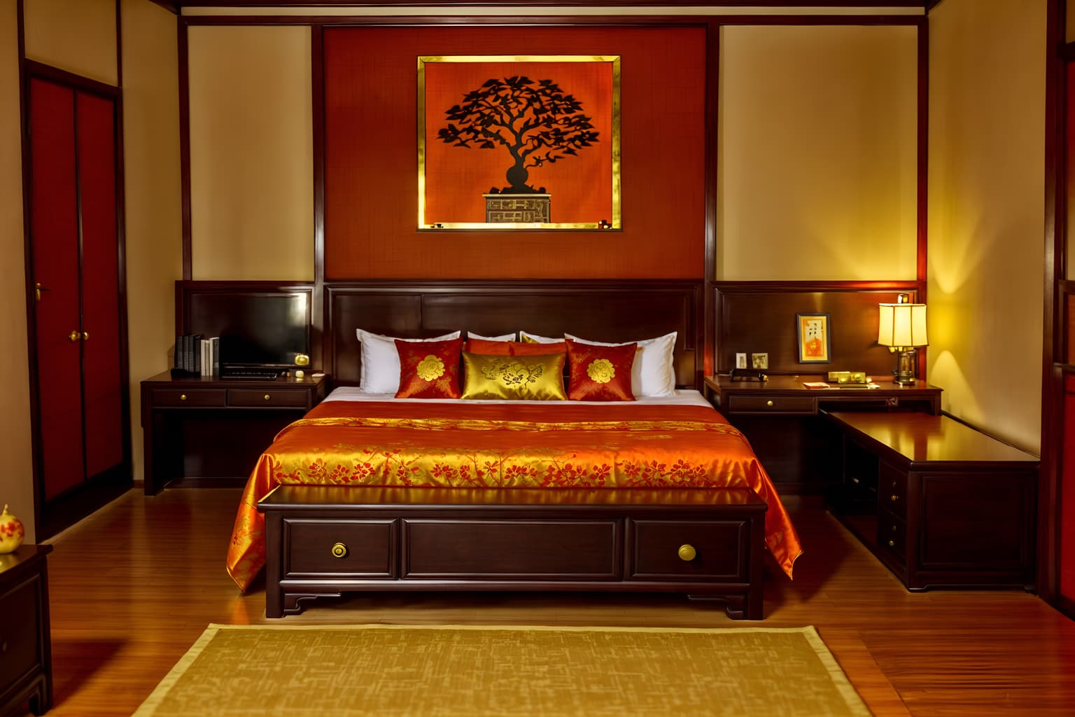 chinese new year-style (hotel room interior) with storage bench or ottoman and working desk with desk chair and hotel bathroom and headboard and night light and mirror and dresser closet and bed. . with door couplets and red and gold candles and gold ingots and kumquat trees and orange trees and fai chun banners and chinese knots and vases of plum blossoms and orchids. . cinematic photo, highly detailed, cinematic lighting, ultra-detailed, ultrarealistic, photorealism, 8k. chinese new year interior design style. masterpiece, cinematic light, ultrarealistic+, photorealistic+, 8k, raw photo, realistic, sharp focus on eyes, (symmetrical eyes), (intact eyes), hyperrealistic, highest quality, best quality, , highly detailed, masterpiece, best quality, extremely detailed 8k wallpaper, masterpiece, best quality, ultra-detailed, best shadow, detailed background, detailed face, detailed eyes, high contrast, best illumination, detailed face, dulux, caustic, dynamic angle, detailed glow. dramatic lighting. highly detailed, insanely detailed hair, symmetrical, intricate details, professionally retouched, 8k high definition. strong bokeh. award winning photo.