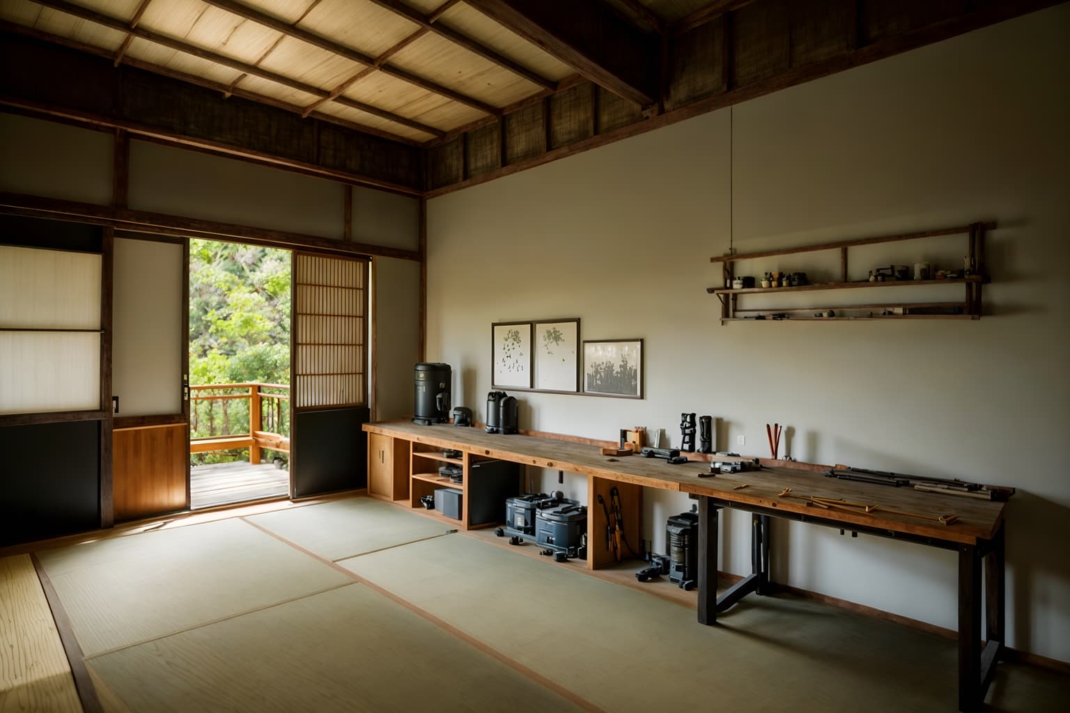 zen-style (workshop interior) with tool wall and wooden workbench and messy and tool wall. . with clean lines and natural light and serenity and harmony and japanese minimalist interior and mimimalist and simplicity and asian zen interior and asian zen interior. . cinematic photo, highly detailed, cinematic lighting, ultra-detailed, ultrarealistic, photorealism, 8k. zen interior design style. masterpiece, cinematic light, ultrarealistic+, photorealistic+, 8k, raw photo, realistic, sharp focus on eyes, (symmetrical eyes), (intact eyes), hyperrealistic, highest quality, best quality, , highly detailed, masterpiece, best quality, extremely detailed 8k wallpaper, masterpiece, best quality, ultra-detailed, best shadow, detailed background, detailed face, detailed eyes, high contrast, best illumination, detailed face, dulux, caustic, dynamic angle, detailed glow. dramatic lighting. highly detailed, insanely detailed hair, symmetrical, intricate details, professionally retouched, 8k high definition. strong bokeh. award winning photo.