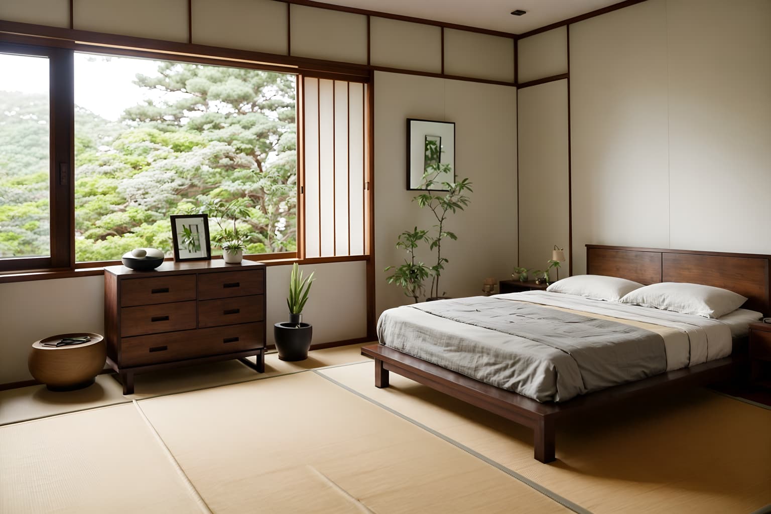 zen-style (bedroom interior) with accent chair and dresser closet and bedside table or night stand and bed and plant and storage bench or ottoman and headboard and mirror. . with asian interior and natural light and japanese minimalist interior and japanese minimalist interior and mimimalist and japanese interior and simplicity and calm and neutral colors. . cinematic photo, highly detailed, cinematic lighting, ultra-detailed, ultrarealistic, photorealism, 8k. zen interior design style. masterpiece, cinematic light, ultrarealistic+, photorealistic+, 8k, raw photo, realistic, sharp focus on eyes, (symmetrical eyes), (intact eyes), hyperrealistic, highest quality, best quality, , highly detailed, masterpiece, best quality, extremely detailed 8k wallpaper, masterpiece, best quality, ultra-detailed, best shadow, detailed background, detailed face, detailed eyes, high contrast, best illumination, detailed face, dulux, caustic, dynamic angle, detailed glow. dramatic lighting. highly detailed, insanely detailed hair, symmetrical, intricate details, professionally retouched, 8k high definition. strong bokeh. award winning photo.