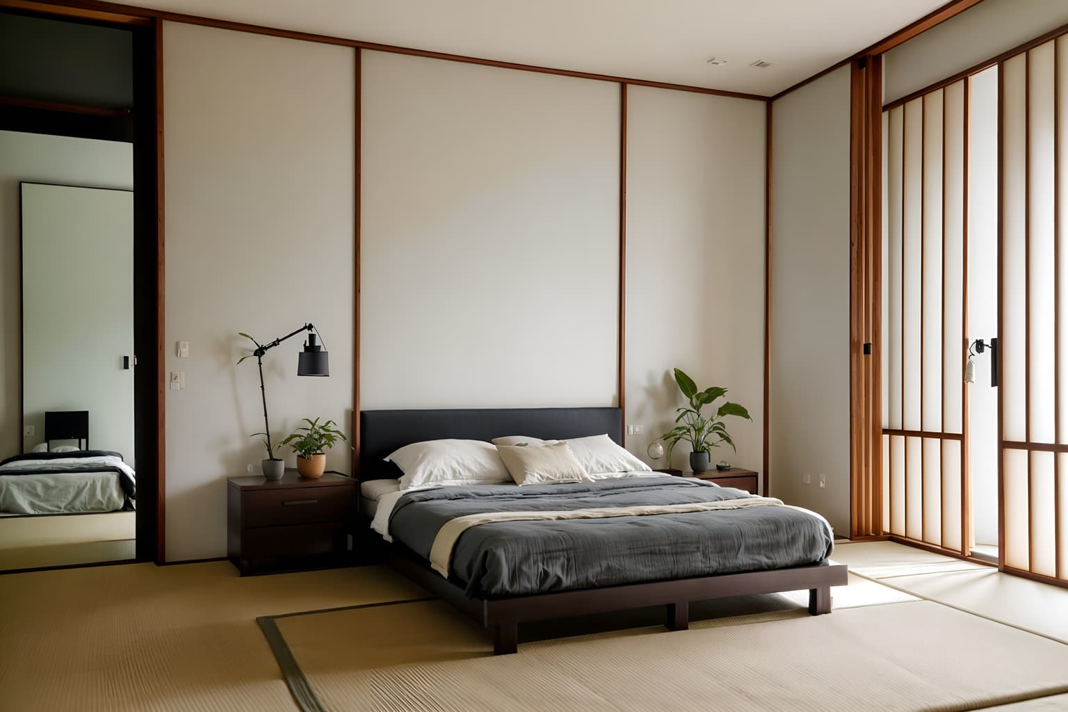 zen-style (bedroom interior) with accent chair and dresser closet and bedside table or night stand and bed and plant and storage bench or ottoman and headboard and mirror. . with asian interior and natural light and japanese minimalist interior and japanese minimalist interior and mimimalist and japanese interior and simplicity and calm and neutral colors. . cinematic photo, highly detailed, cinematic lighting, ultra-detailed, ultrarealistic, photorealism, 8k. zen interior design style. masterpiece, cinematic light, ultrarealistic+, photorealistic+, 8k, raw photo, realistic, sharp focus on eyes, (symmetrical eyes), (intact eyes), hyperrealistic, highest quality, best quality, , highly detailed, masterpiece, best quality, extremely detailed 8k wallpaper, masterpiece, best quality, ultra-detailed, best shadow, detailed background, detailed face, detailed eyes, high contrast, best illumination, detailed face, dulux, caustic, dynamic angle, detailed glow. dramatic lighting. highly detailed, insanely detailed hair, symmetrical, intricate details, professionally retouched, 8k high definition. strong bokeh. award winning photo.