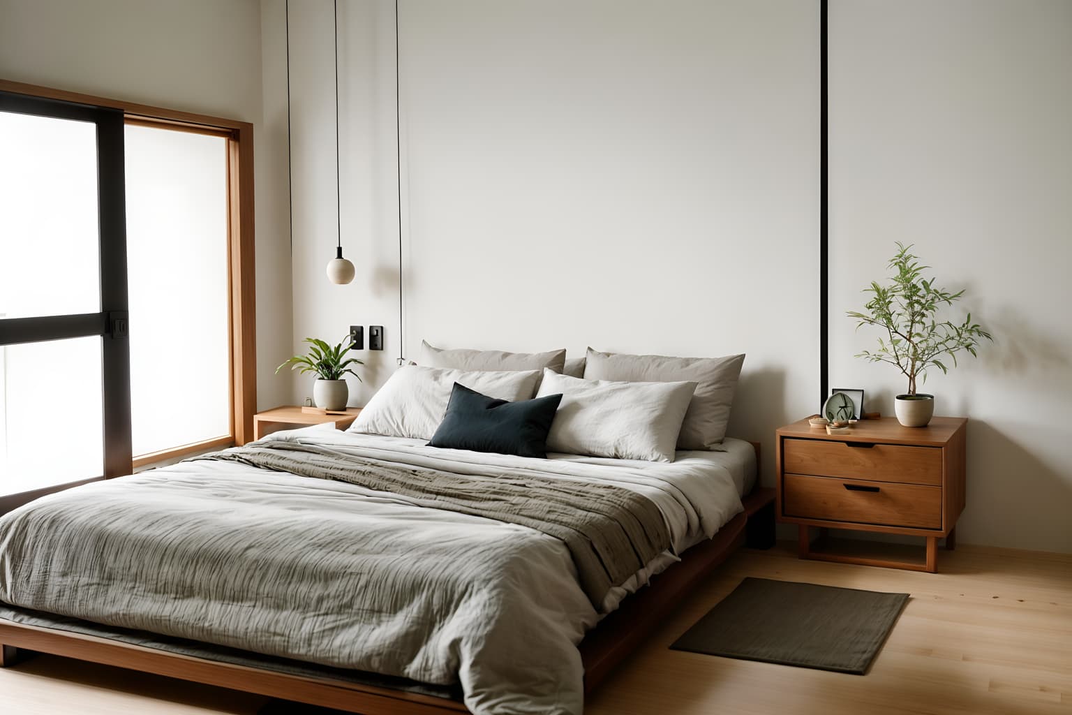 zen-style (bedroom interior) with accent chair and dresser closet and bedside table or night stand and bed and plant and storage bench or ottoman and headboard and mirror. . with asian interior and natural light and japanese minimalist interior and japanese minimalist interior and mimimalist and japanese interior and simplicity and calm and neutral colors. . cinematic photo, highly detailed, cinematic lighting, ultra-detailed, ultrarealistic, photorealism, 8k. zen interior design style. masterpiece, cinematic light, ultrarealistic+, photorealistic+, 8k, raw photo, realistic, sharp focus on eyes, (symmetrical eyes), (intact eyes), hyperrealistic, highest quality, best quality, , highly detailed, masterpiece, best quality, extremely detailed 8k wallpaper, masterpiece, best quality, ultra-detailed, best shadow, detailed background, detailed face, detailed eyes, high contrast, best illumination, detailed face, dulux, caustic, dynamic angle, detailed glow. dramatic lighting. highly detailed, insanely detailed hair, symmetrical, intricate details, professionally retouched, 8k high definition. strong bokeh. award winning photo.