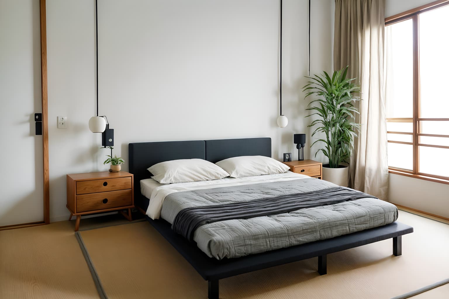 zen-style (bedroom interior) with accent chair and dresser closet and bedside table or night stand and bed and plant and storage bench or ottoman and headboard and mirror. . with asian interior and natural light and japanese minimalist interior and japanese minimalist interior and mimimalist and japanese interior and simplicity and calm and neutral colors. . cinematic photo, highly detailed, cinematic lighting, ultra-detailed, ultrarealistic, photorealism, 8k. zen interior design style. masterpiece, cinematic light, ultrarealistic+, photorealistic+, 8k, raw photo, realistic, sharp focus on eyes, (symmetrical eyes), (intact eyes), hyperrealistic, highest quality, best quality, , highly detailed, masterpiece, best quality, extremely detailed 8k wallpaper, masterpiece, best quality, ultra-detailed, best shadow, detailed background, detailed face, detailed eyes, high contrast, best illumination, detailed face, dulux, caustic, dynamic angle, detailed glow. dramatic lighting. highly detailed, insanely detailed hair, symmetrical, intricate details, professionally retouched, 8k high definition. strong bokeh. award winning photo.