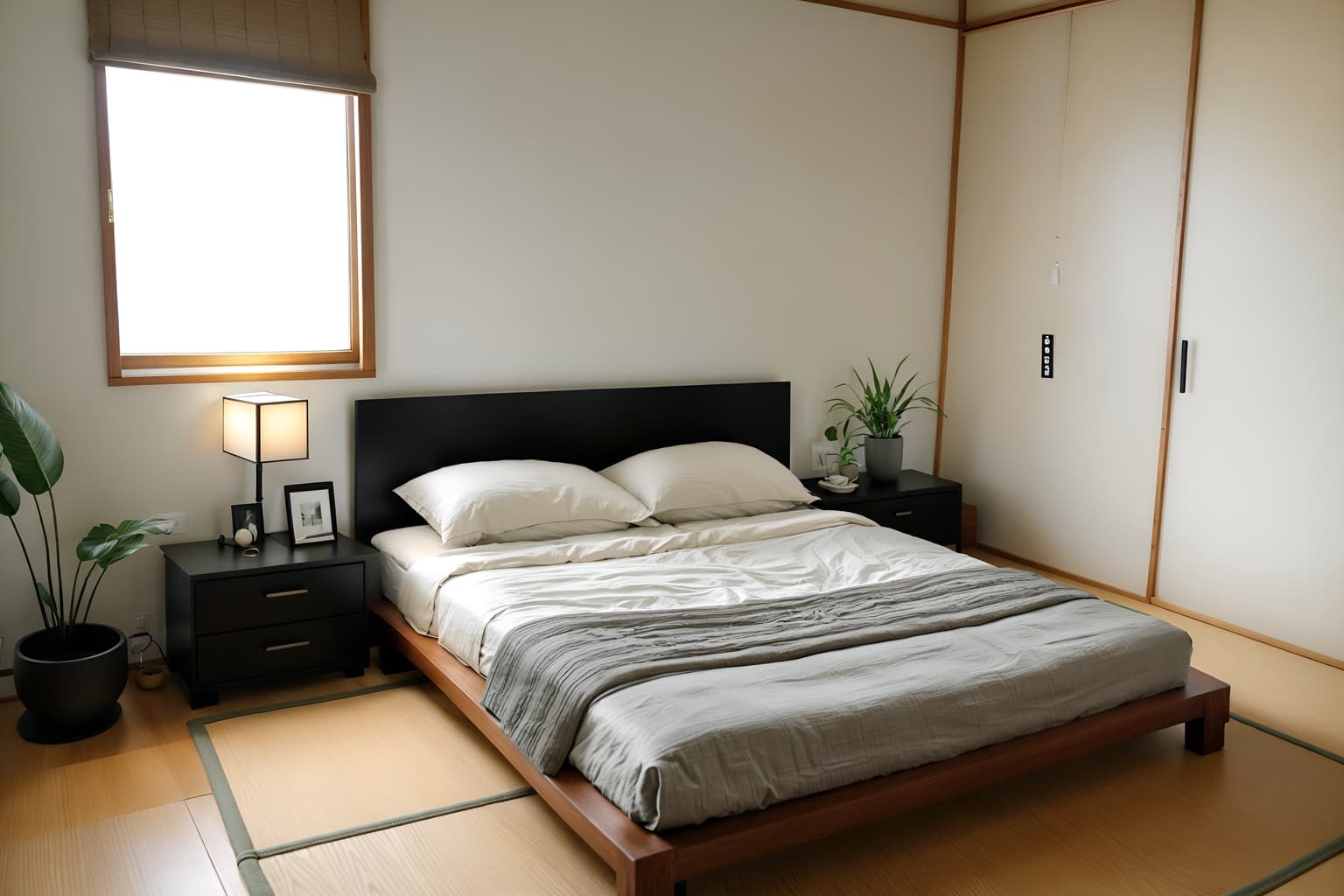 zen-style (bedroom interior) with accent chair and dresser closet and bedside table or night stand and bed and plant and storage bench or ottoman and headboard and mirror. . with asian interior and natural light and japanese minimalist interior and japanese minimalist interior and mimimalist and japanese interior and simplicity and calm and neutral colors. . cinematic photo, highly detailed, cinematic lighting, ultra-detailed, ultrarealistic, photorealism, 8k. zen interior design style. masterpiece, cinematic light, ultrarealistic+, photorealistic+, 8k, raw photo, realistic, sharp focus on eyes, (symmetrical eyes), (intact eyes), hyperrealistic, highest quality, best quality, , highly detailed, masterpiece, best quality, extremely detailed 8k wallpaper, masterpiece, best quality, ultra-detailed, best shadow, detailed background, detailed face, detailed eyes, high contrast, best illumination, detailed face, dulux, caustic, dynamic angle, detailed glow. dramatic lighting. highly detailed, insanely detailed hair, symmetrical, intricate details, professionally retouched, 8k high definition. strong bokeh. award winning photo.