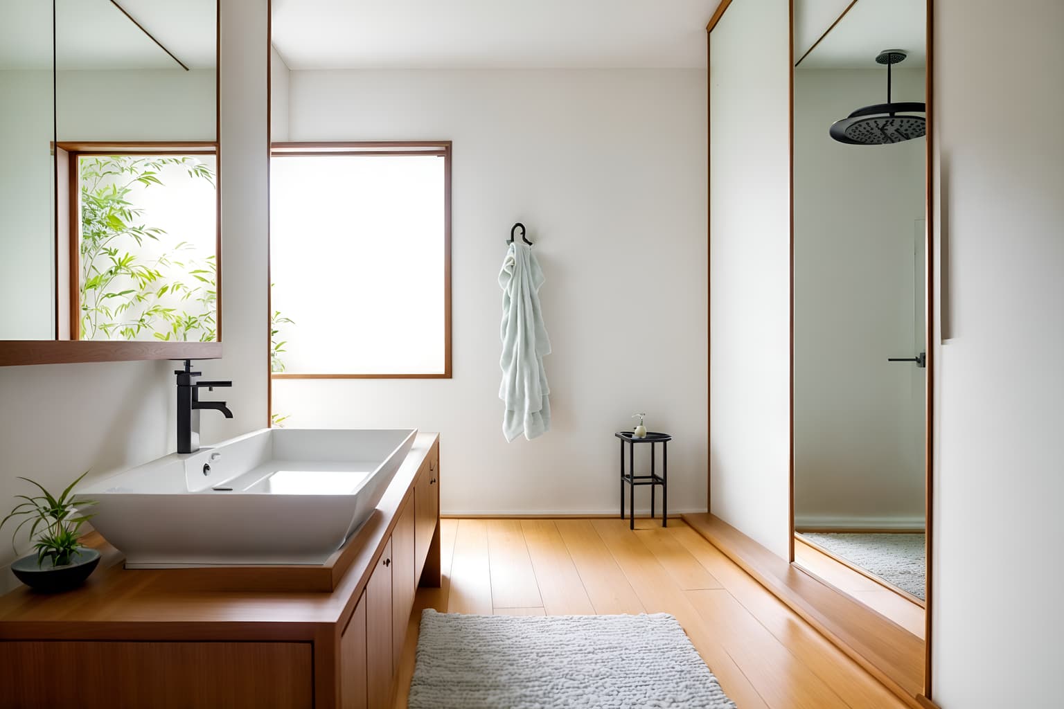 zen-style (bathroom interior) with bath rail and shower and bathroom cabinet and plant and bath towel and waste basket and mirror and bathroom sink with faucet. . with asian zen interior and simple furniture and simplicity and serenity and harmony and asian zen interior and japanese minimalist interior and clutter free and japanese minimalist interior. . cinematic photo, highly detailed, cinematic lighting, ultra-detailed, ultrarealistic, photorealism, 8k. zen interior design style. masterpiece, cinematic light, ultrarealistic+, photorealistic+, 8k, raw photo, realistic, sharp focus on eyes, (symmetrical eyes), (intact eyes), hyperrealistic, highest quality, best quality, , highly detailed, masterpiece, best quality, extremely detailed 8k wallpaper, masterpiece, best quality, ultra-detailed, best shadow, detailed background, detailed face, detailed eyes, high contrast, best illumination, detailed face, dulux, caustic, dynamic angle, detailed glow. dramatic lighting. highly detailed, insanely detailed hair, symmetrical, intricate details, professionally retouched, 8k high definition. strong bokeh. award winning photo.