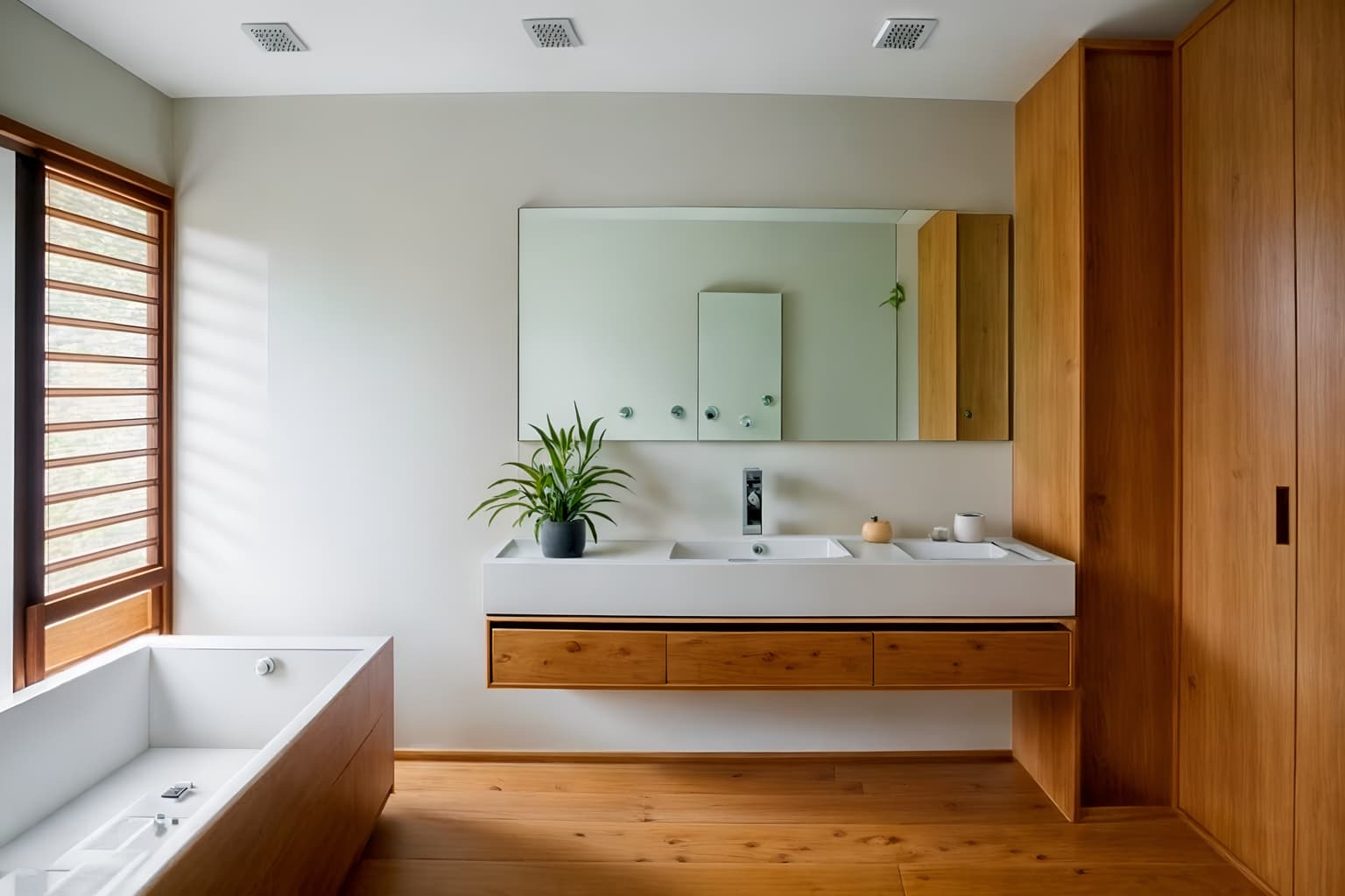 zen-style (bathroom interior) with bath rail and shower and bathroom cabinet and plant and bath towel and waste basket and mirror and bathroom sink with faucet. . with asian zen interior and simple furniture and simplicity and serenity and harmony and asian zen interior and japanese minimalist interior and clutter free and japanese minimalist interior. . cinematic photo, highly detailed, cinematic lighting, ultra-detailed, ultrarealistic, photorealism, 8k. zen interior design style. masterpiece, cinematic light, ultrarealistic+, photorealistic+, 8k, raw photo, realistic, sharp focus on eyes, (symmetrical eyes), (intact eyes), hyperrealistic, highest quality, best quality, , highly detailed, masterpiece, best quality, extremely detailed 8k wallpaper, masterpiece, best quality, ultra-detailed, best shadow, detailed background, detailed face, detailed eyes, high contrast, best illumination, detailed face, dulux, caustic, dynamic angle, detailed glow. dramatic lighting. highly detailed, insanely detailed hair, symmetrical, intricate details, professionally retouched, 8k high definition. strong bokeh. award winning photo.