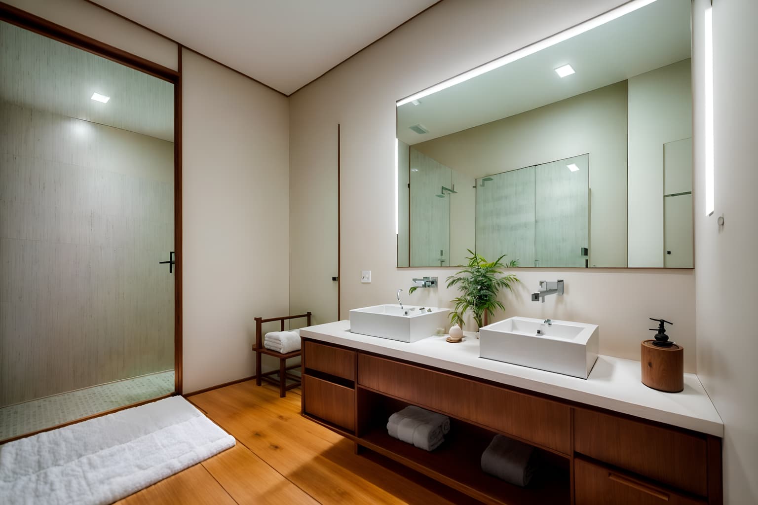 zen-style (bathroom interior) with bath rail and shower and bathroom cabinet and plant and bath towel and waste basket and mirror and bathroom sink with faucet. . with asian zen interior and simple furniture and simplicity and serenity and harmony and asian zen interior and japanese minimalist interior and clutter free and japanese minimalist interior. . cinematic photo, highly detailed, cinematic lighting, ultra-detailed, ultrarealistic, photorealism, 8k. zen interior design style. masterpiece, cinematic light, ultrarealistic+, photorealistic+, 8k, raw photo, realistic, sharp focus on eyes, (symmetrical eyes), (intact eyes), hyperrealistic, highest quality, best quality, , highly detailed, masterpiece, best quality, extremely detailed 8k wallpaper, masterpiece, best quality, ultra-detailed, best shadow, detailed background, detailed face, detailed eyes, high contrast, best illumination, detailed face, dulux, caustic, dynamic angle, detailed glow. dramatic lighting. highly detailed, insanely detailed hair, symmetrical, intricate details, professionally retouched, 8k high definition. strong bokeh. award winning photo.