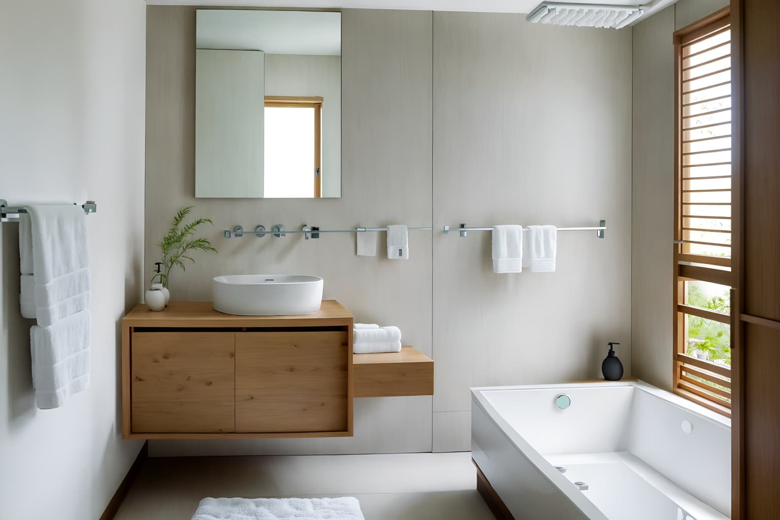 zen-style (hotel bathroom interior) with toilet seat and bath towel and mirror and bathroom cabinet and bathtub and bathroom sink with faucet and waste basket and shower. . with simplicity and serenity and harmony and simple furniture and natural textures and clean lines and japanese minimalist interior and mimimalist and asian zen interior. . cinematic photo, highly detailed, cinematic lighting, ultra-detailed, ultrarealistic, photorealism, 8k. zen interior design style. masterpiece, cinematic light, ultrarealistic+, photorealistic+, 8k, raw photo, realistic, sharp focus on eyes, (symmetrical eyes), (intact eyes), hyperrealistic, highest quality, best quality, , highly detailed, masterpiece, best quality, extremely detailed 8k wallpaper, masterpiece, best quality, ultra-detailed, best shadow, detailed background, detailed face, detailed eyes, high contrast, best illumination, detailed face, dulux, caustic, dynamic angle, detailed glow. dramatic lighting. highly detailed, insanely detailed hair, symmetrical, intricate details, professionally retouched, 8k high definition. strong bokeh. award winning photo.