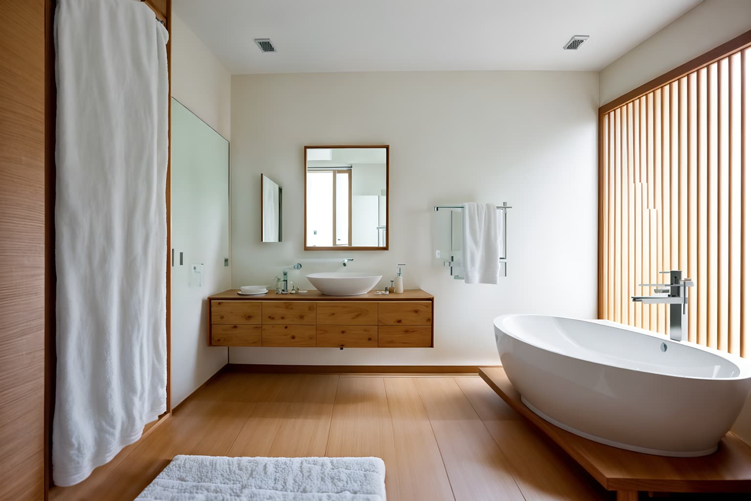 zen-style (hotel bathroom interior) with toilet seat and bath towel and mirror and bathroom cabinet and bathtub and bathroom sink with faucet and waste basket and shower. . with simplicity and serenity and harmony and simple furniture and natural textures and clean lines and japanese minimalist interior and mimimalist and asian zen interior. . cinematic photo, highly detailed, cinematic lighting, ultra-detailed, ultrarealistic, photorealism, 8k. zen interior design style. masterpiece, cinematic light, ultrarealistic+, photorealistic+, 8k, raw photo, realistic, sharp focus on eyes, (symmetrical eyes), (intact eyes), hyperrealistic, highest quality, best quality, , highly detailed, masterpiece, best quality, extremely detailed 8k wallpaper, masterpiece, best quality, ultra-detailed, best shadow, detailed background, detailed face, detailed eyes, high contrast, best illumination, detailed face, dulux, caustic, dynamic angle, detailed glow. dramatic lighting. highly detailed, insanely detailed hair, symmetrical, intricate details, professionally retouched, 8k high definition. strong bokeh. award winning photo.