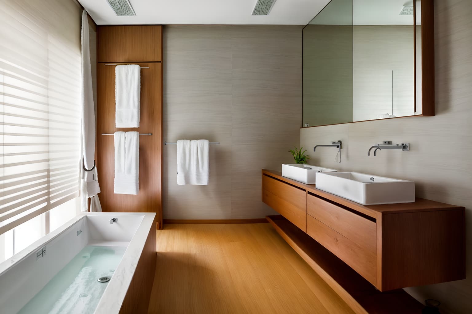 zen-style (hotel bathroom interior) with toilet seat and bath towel and mirror and bathroom cabinet and bathtub and bathroom sink with faucet and waste basket and shower. . with simplicity and serenity and harmony and simple furniture and natural textures and clean lines and japanese minimalist interior and mimimalist and asian zen interior. . cinematic photo, highly detailed, cinematic lighting, ultra-detailed, ultrarealistic, photorealism, 8k. zen interior design style. masterpiece, cinematic light, ultrarealistic+, photorealistic+, 8k, raw photo, realistic, sharp focus on eyes, (symmetrical eyes), (intact eyes), hyperrealistic, highest quality, best quality, , highly detailed, masterpiece, best quality, extremely detailed 8k wallpaper, masterpiece, best quality, ultra-detailed, best shadow, detailed background, detailed face, detailed eyes, high contrast, best illumination, detailed face, dulux, caustic, dynamic angle, detailed glow. dramatic lighting. highly detailed, insanely detailed hair, symmetrical, intricate details, professionally retouched, 8k high definition. strong bokeh. award winning photo.