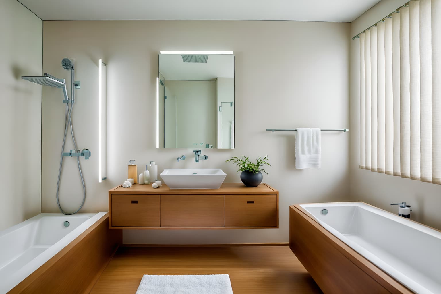 zen-style (hotel bathroom interior) with toilet seat and bath towel and mirror and bathroom cabinet and bathtub and bathroom sink with faucet and waste basket and shower. . with simplicity and serenity and harmony and simple furniture and natural textures and clean lines and japanese minimalist interior and mimimalist and asian zen interior. . cinematic photo, highly detailed, cinematic lighting, ultra-detailed, ultrarealistic, photorealism, 8k. zen interior design style. masterpiece, cinematic light, ultrarealistic+, photorealistic+, 8k, raw photo, realistic, sharp focus on eyes, (symmetrical eyes), (intact eyes), hyperrealistic, highest quality, best quality, , highly detailed, masterpiece, best quality, extremely detailed 8k wallpaper, masterpiece, best quality, ultra-detailed, best shadow, detailed background, detailed face, detailed eyes, high contrast, best illumination, detailed face, dulux, caustic, dynamic angle, detailed glow. dramatic lighting. highly detailed, insanely detailed hair, symmetrical, intricate details, professionally retouched, 8k high definition. strong bokeh. award winning photo.