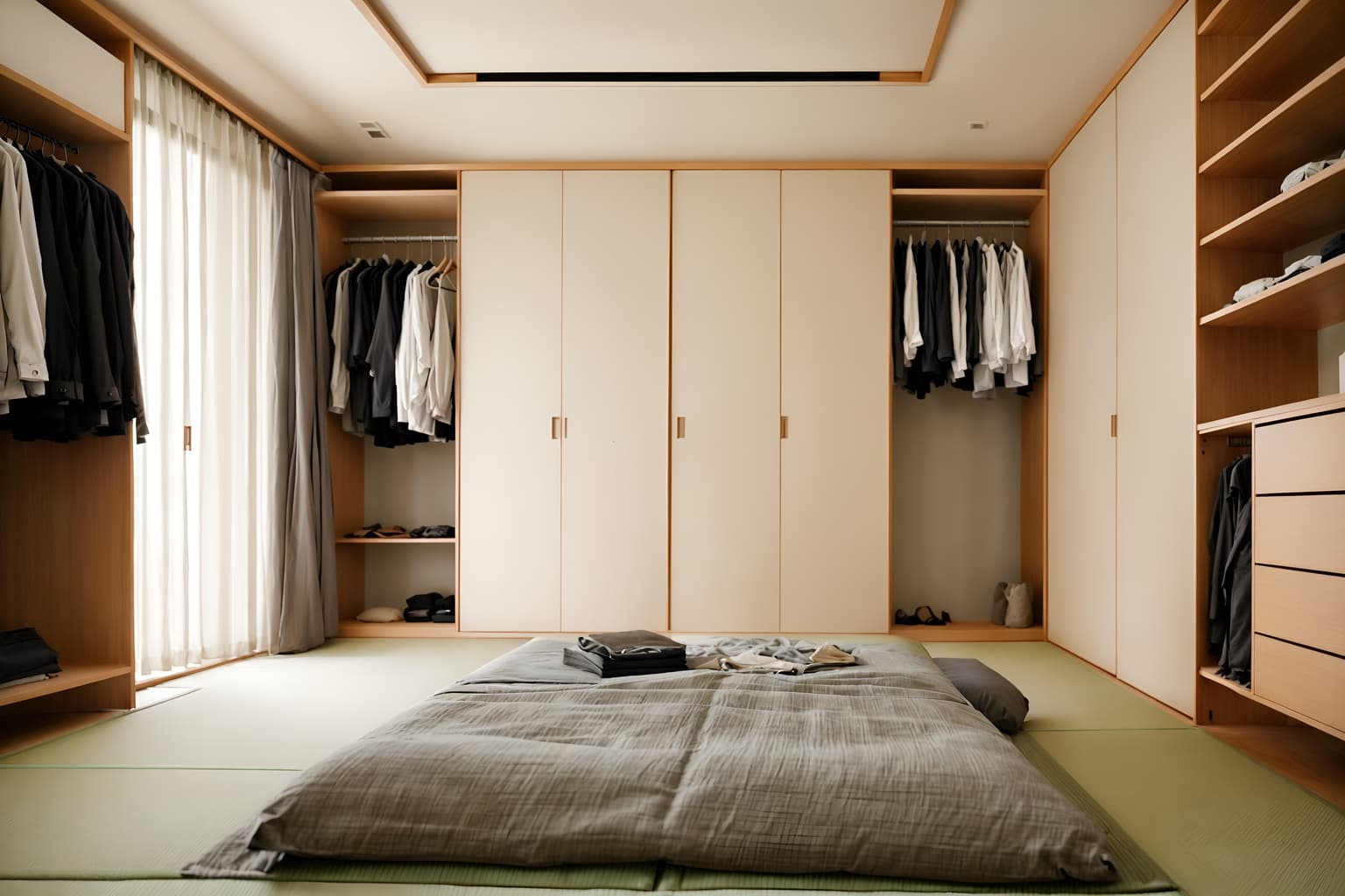 zen-style (walk in closet interior) . with calm and neutral colors and japanese minimalist interior and simple furniture and japanese interior and clutter free and asian zen interior and serenity and harmony and japanese minimalist interior. . cinematic photo, highly detailed, cinematic lighting, ultra-detailed, ultrarealistic, photorealism, 8k. zen interior design style. masterpiece, cinematic light, ultrarealistic+, photorealistic+, 8k, raw photo, realistic, sharp focus on eyes, (symmetrical eyes), (intact eyes), hyperrealistic, highest quality, best quality, , highly detailed, masterpiece, best quality, extremely detailed 8k wallpaper, masterpiece, best quality, ultra-detailed, best shadow, detailed background, detailed face, detailed eyes, high contrast, best illumination, detailed face, dulux, caustic, dynamic angle, detailed glow. dramatic lighting. highly detailed, insanely detailed hair, symmetrical, intricate details, professionally retouched, 8k high definition. strong bokeh. award winning photo.