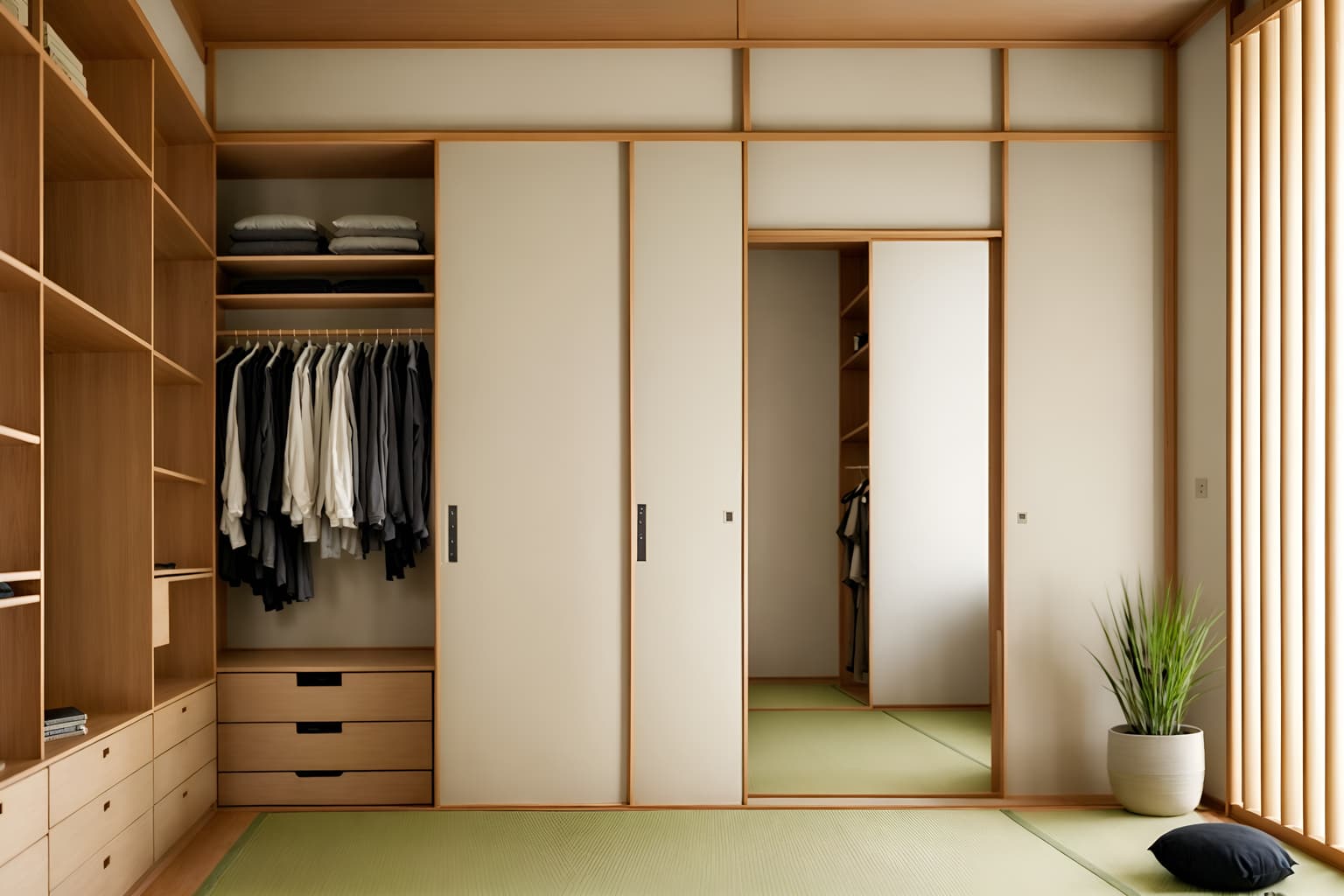 zen-style (walk in closet interior) . with calm and neutral colors and japanese minimalist interior and simple furniture and japanese interior and clutter free and asian zen interior and serenity and harmony and japanese minimalist interior. . cinematic photo, highly detailed, cinematic lighting, ultra-detailed, ultrarealistic, photorealism, 8k. zen interior design style. masterpiece, cinematic light, ultrarealistic+, photorealistic+, 8k, raw photo, realistic, sharp focus on eyes, (symmetrical eyes), (intact eyes), hyperrealistic, highest quality, best quality, , highly detailed, masterpiece, best quality, extremely detailed 8k wallpaper, masterpiece, best quality, ultra-detailed, best shadow, detailed background, detailed face, detailed eyes, high contrast, best illumination, detailed face, dulux, caustic, dynamic angle, detailed glow. dramatic lighting. highly detailed, insanely detailed hair, symmetrical, intricate details, professionally retouched, 8k high definition. strong bokeh. award winning photo.