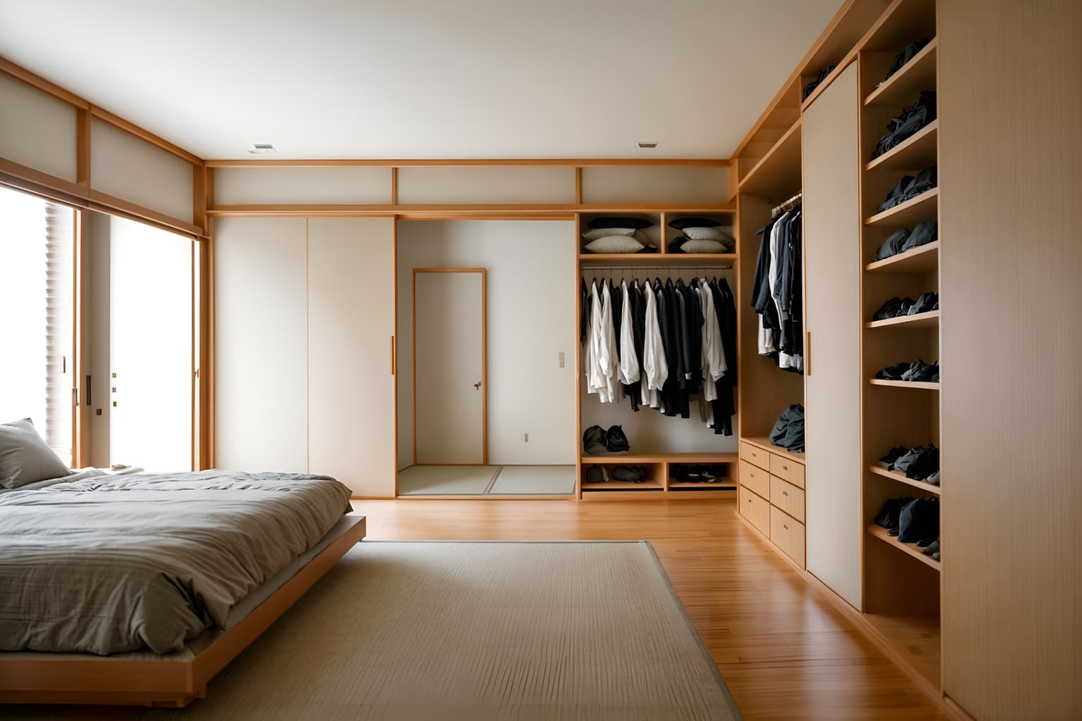 zen-style (walk in closet interior) . with calm and neutral colors and japanese minimalist interior and simple furniture and japanese interior and clutter free and asian zen interior and serenity and harmony and japanese minimalist interior. . cinematic photo, highly detailed, cinematic lighting, ultra-detailed, ultrarealistic, photorealism, 8k. zen interior design style. masterpiece, cinematic light, ultrarealistic+, photorealistic+, 8k, raw photo, realistic, sharp focus on eyes, (symmetrical eyes), (intact eyes), hyperrealistic, highest quality, best quality, , highly detailed, masterpiece, best quality, extremely detailed 8k wallpaper, masterpiece, best quality, ultra-detailed, best shadow, detailed background, detailed face, detailed eyes, high contrast, best illumination, detailed face, dulux, caustic, dynamic angle, detailed glow. dramatic lighting. highly detailed, insanely detailed hair, symmetrical, intricate details, professionally retouched, 8k high definition. strong bokeh. award winning photo.