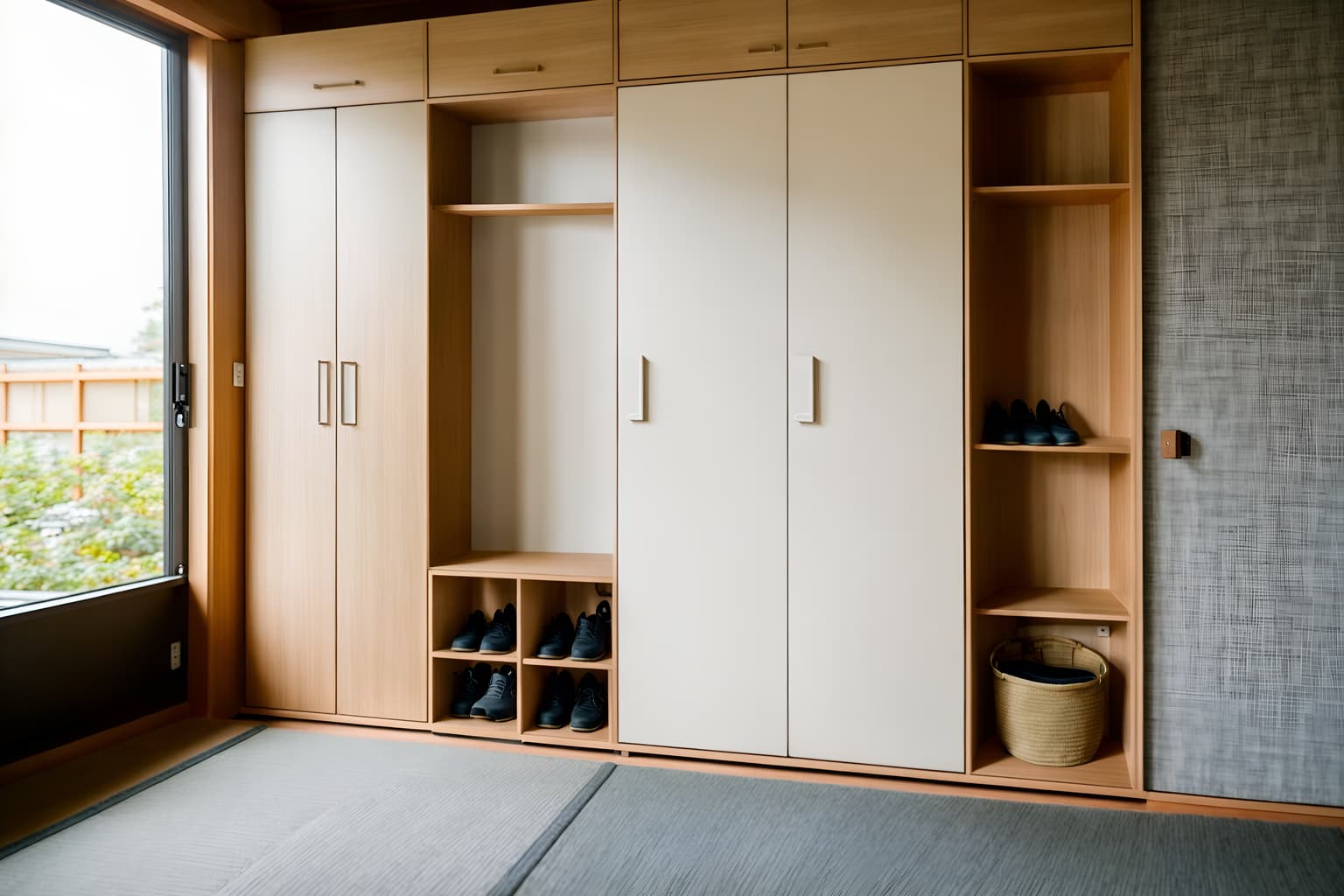 zen-style (drop zone interior) with storage baskets and shelves for shoes and cabinets and lockers and wall hooks for coats and storage drawers and cubbies and high up storage. . with japanese minimalist interior and japanese minimalist interior and simplicity and clean lines and natural light and serenity and harmony and asian zen interior and asian interior. . cinematic photo, highly detailed, cinematic lighting, ultra-detailed, ultrarealistic, photorealism, 8k. zen interior design style. masterpiece, cinematic light, ultrarealistic+, photorealistic+, 8k, raw photo, realistic, sharp focus on eyes, (symmetrical eyes), (intact eyes), hyperrealistic, highest quality, best quality, , highly detailed, masterpiece, best quality, extremely detailed 8k wallpaper, masterpiece, best quality, ultra-detailed, best shadow, detailed background, detailed face, detailed eyes, high contrast, best illumination, detailed face, dulux, caustic, dynamic angle, detailed glow. dramatic lighting. highly detailed, insanely detailed hair, symmetrical, intricate details, professionally retouched, 8k high definition. strong bokeh. award winning photo.