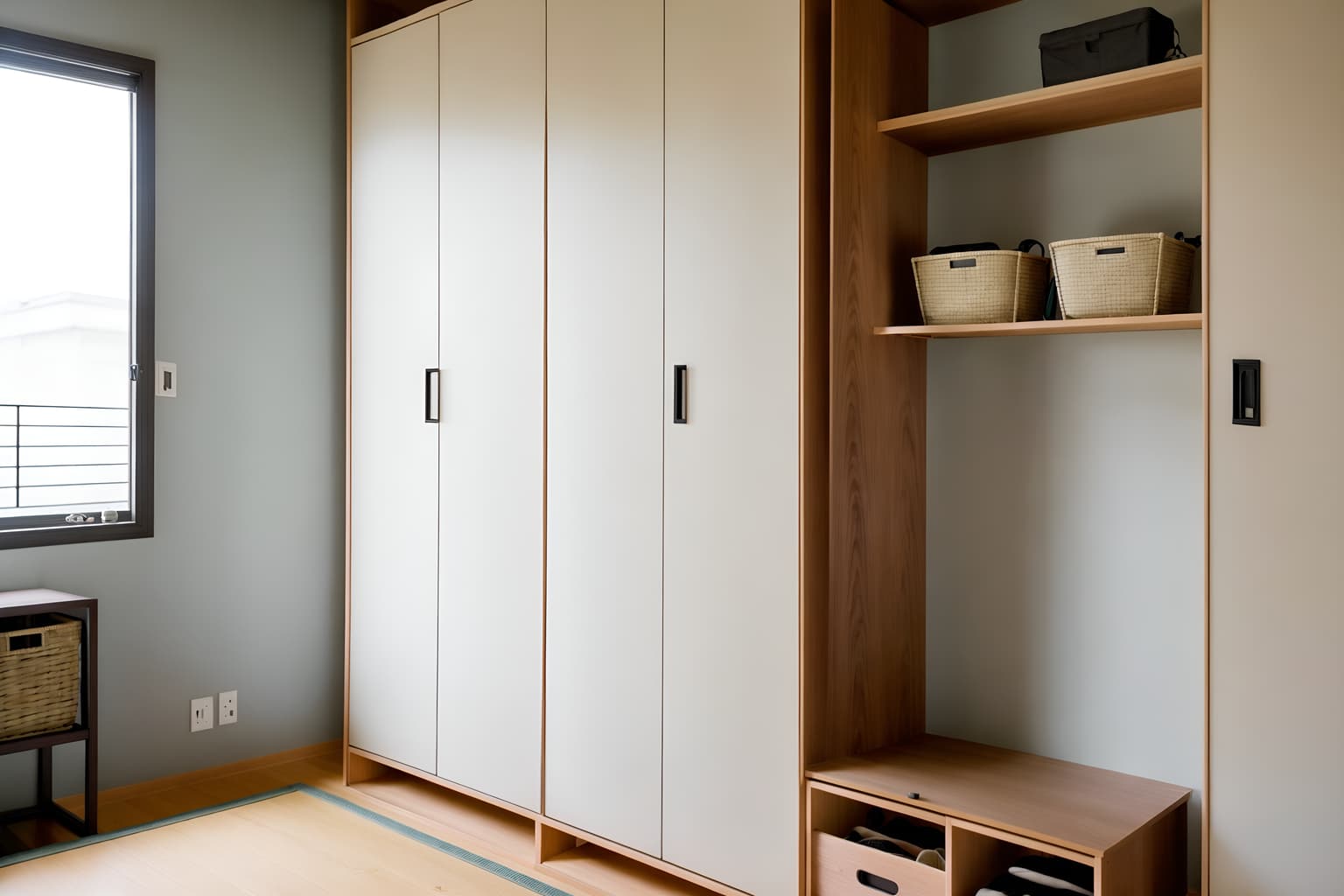 zen-style (drop zone interior) with storage baskets and shelves for shoes and cabinets and lockers and wall hooks for coats and storage drawers and cubbies and high up storage. . with japanese minimalist interior and japanese minimalist interior and simplicity and clean lines and natural light and serenity and harmony and asian zen interior and asian interior. . cinematic photo, highly detailed, cinematic lighting, ultra-detailed, ultrarealistic, photorealism, 8k. zen interior design style. masterpiece, cinematic light, ultrarealistic+, photorealistic+, 8k, raw photo, realistic, sharp focus on eyes, (symmetrical eyes), (intact eyes), hyperrealistic, highest quality, best quality, , highly detailed, masterpiece, best quality, extremely detailed 8k wallpaper, masterpiece, best quality, ultra-detailed, best shadow, detailed background, detailed face, detailed eyes, high contrast, best illumination, detailed face, dulux, caustic, dynamic angle, detailed glow. dramatic lighting. highly detailed, insanely detailed hair, symmetrical, intricate details, professionally retouched, 8k high definition. strong bokeh. award winning photo.