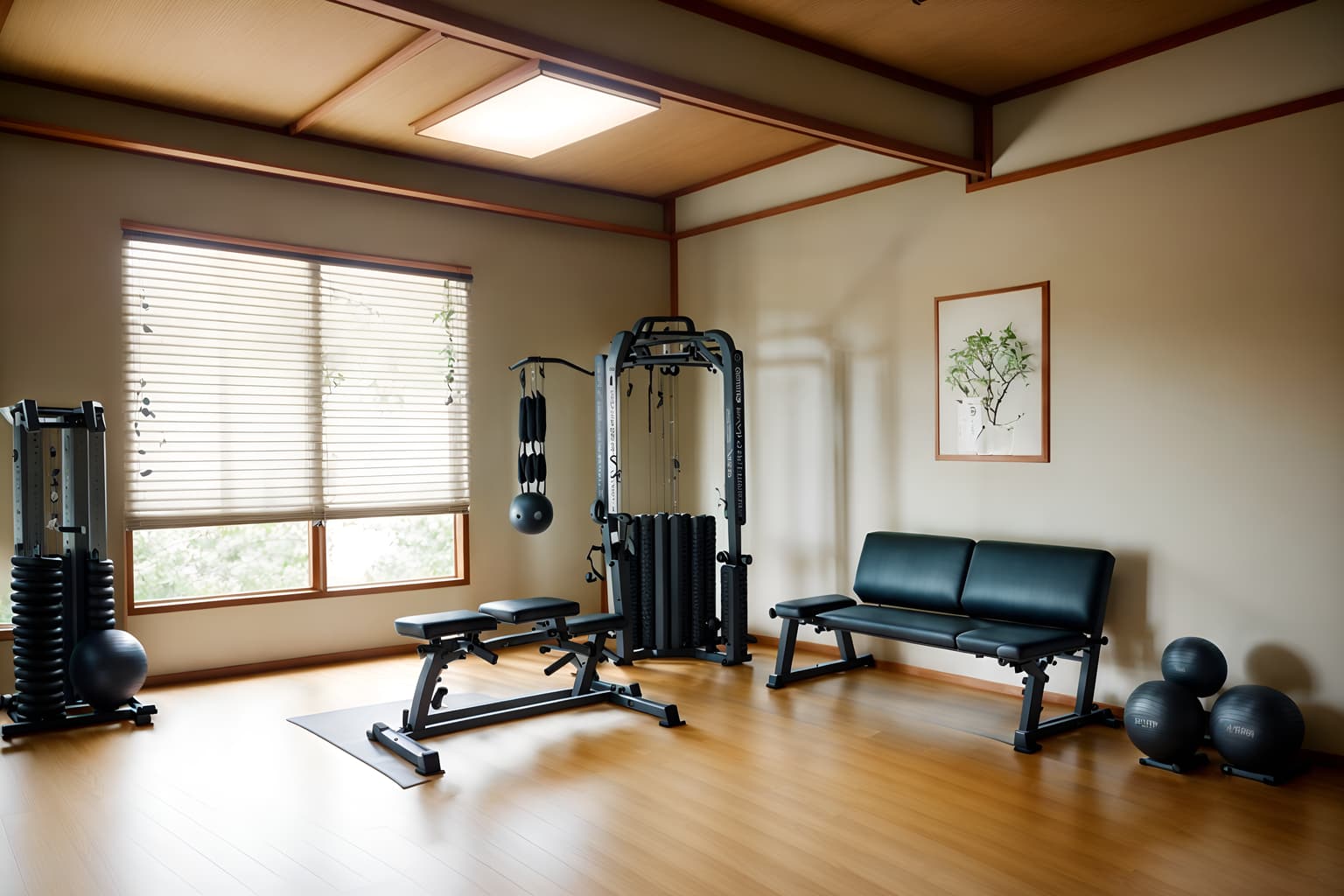 zen-style (fitness gym interior) with crosstrainer and bench press and dumbbell stand and exercise bicycle and squat rack and crosstrainer. . with serenity and harmony and calm and neutral colors and japanese interior and natural light and japanese minimalist interior and simple furniture and asian zen interior and asian interior. . cinematic photo, highly detailed, cinematic lighting, ultra-detailed, ultrarealistic, photorealism, 8k. zen interior design style. masterpiece, cinematic light, ultrarealistic+, photorealistic+, 8k, raw photo, realistic, sharp focus on eyes, (symmetrical eyes), (intact eyes), hyperrealistic, highest quality, best quality, , highly detailed, masterpiece, best quality, extremely detailed 8k wallpaper, masterpiece, best quality, ultra-detailed, best shadow, detailed background, detailed face, detailed eyes, high contrast, best illumination, detailed face, dulux, caustic, dynamic angle, detailed glow. dramatic lighting. highly detailed, insanely detailed hair, symmetrical, intricate details, professionally retouched, 8k high definition. strong bokeh. award winning photo.