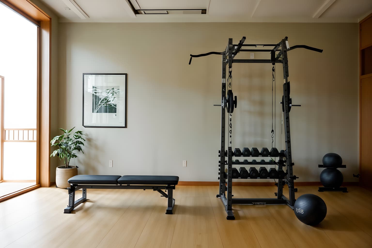 zen-style (fitness gym interior) with crosstrainer and bench press and dumbbell stand and exercise bicycle and squat rack and crosstrainer. . with serenity and harmony and calm and neutral colors and japanese interior and natural light and japanese minimalist interior and simple furniture and asian zen interior and asian interior. . cinematic photo, highly detailed, cinematic lighting, ultra-detailed, ultrarealistic, photorealism, 8k. zen interior design style. masterpiece, cinematic light, ultrarealistic+, photorealistic+, 8k, raw photo, realistic, sharp focus on eyes, (symmetrical eyes), (intact eyes), hyperrealistic, highest quality, best quality, , highly detailed, masterpiece, best quality, extremely detailed 8k wallpaper, masterpiece, best quality, ultra-detailed, best shadow, detailed background, detailed face, detailed eyes, high contrast, best illumination, detailed face, dulux, caustic, dynamic angle, detailed glow. dramatic lighting. highly detailed, insanely detailed hair, symmetrical, intricate details, professionally retouched, 8k high definition. strong bokeh. award winning photo.