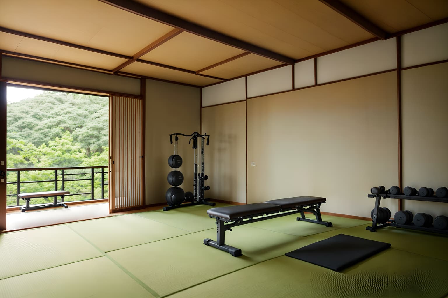 zen-style (fitness gym interior) with crosstrainer and bench press and dumbbell stand and exercise bicycle and squat rack and crosstrainer. . with serenity and harmony and calm and neutral colors and japanese interior and natural light and japanese minimalist interior and simple furniture and asian zen interior and asian interior. . cinematic photo, highly detailed, cinematic lighting, ultra-detailed, ultrarealistic, photorealism, 8k. zen interior design style. masterpiece, cinematic light, ultrarealistic+, photorealistic+, 8k, raw photo, realistic, sharp focus on eyes, (symmetrical eyes), (intact eyes), hyperrealistic, highest quality, best quality, , highly detailed, masterpiece, best quality, extremely detailed 8k wallpaper, masterpiece, best quality, ultra-detailed, best shadow, detailed background, detailed face, detailed eyes, high contrast, best illumination, detailed face, dulux, caustic, dynamic angle, detailed glow. dramatic lighting. highly detailed, insanely detailed hair, symmetrical, intricate details, professionally retouched, 8k high definition. strong bokeh. award winning photo.