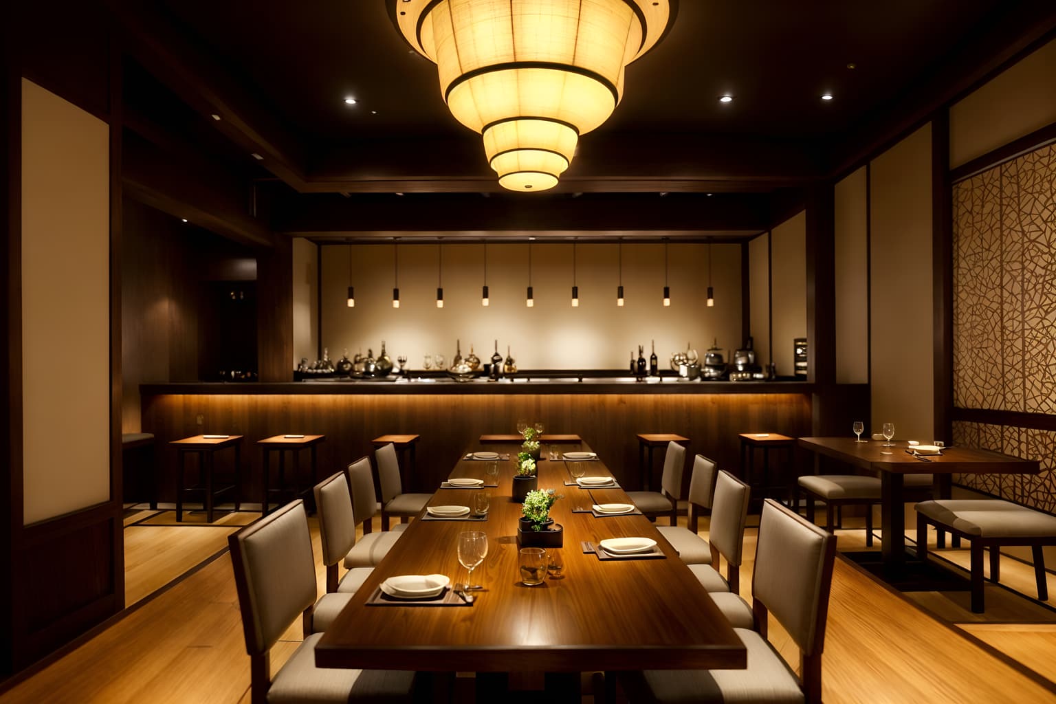 zen-style (restaurant interior) with restaurant decor and restaurant bar and restaurant chairs and restaurant dining tables and restaurant decor. . with japanese interior and asian zen interior and clean lines and calm and neutral colors and simplicity and serenity and harmony and mimimalist and clutter free. . cinematic photo, highly detailed, cinematic lighting, ultra-detailed, ultrarealistic, photorealism, 8k. zen interior design style. masterpiece, cinematic light, ultrarealistic+, photorealistic+, 8k, raw photo, realistic, sharp focus on eyes, (symmetrical eyes), (intact eyes), hyperrealistic, highest quality, best quality, , highly detailed, masterpiece, best quality, extremely detailed 8k wallpaper, masterpiece, best quality, ultra-detailed, best shadow, detailed background, detailed face, detailed eyes, high contrast, best illumination, detailed face, dulux, caustic, dynamic angle, detailed glow. dramatic lighting. highly detailed, insanely detailed hair, symmetrical, intricate details, professionally retouched, 8k high definition. strong bokeh. award winning photo.
