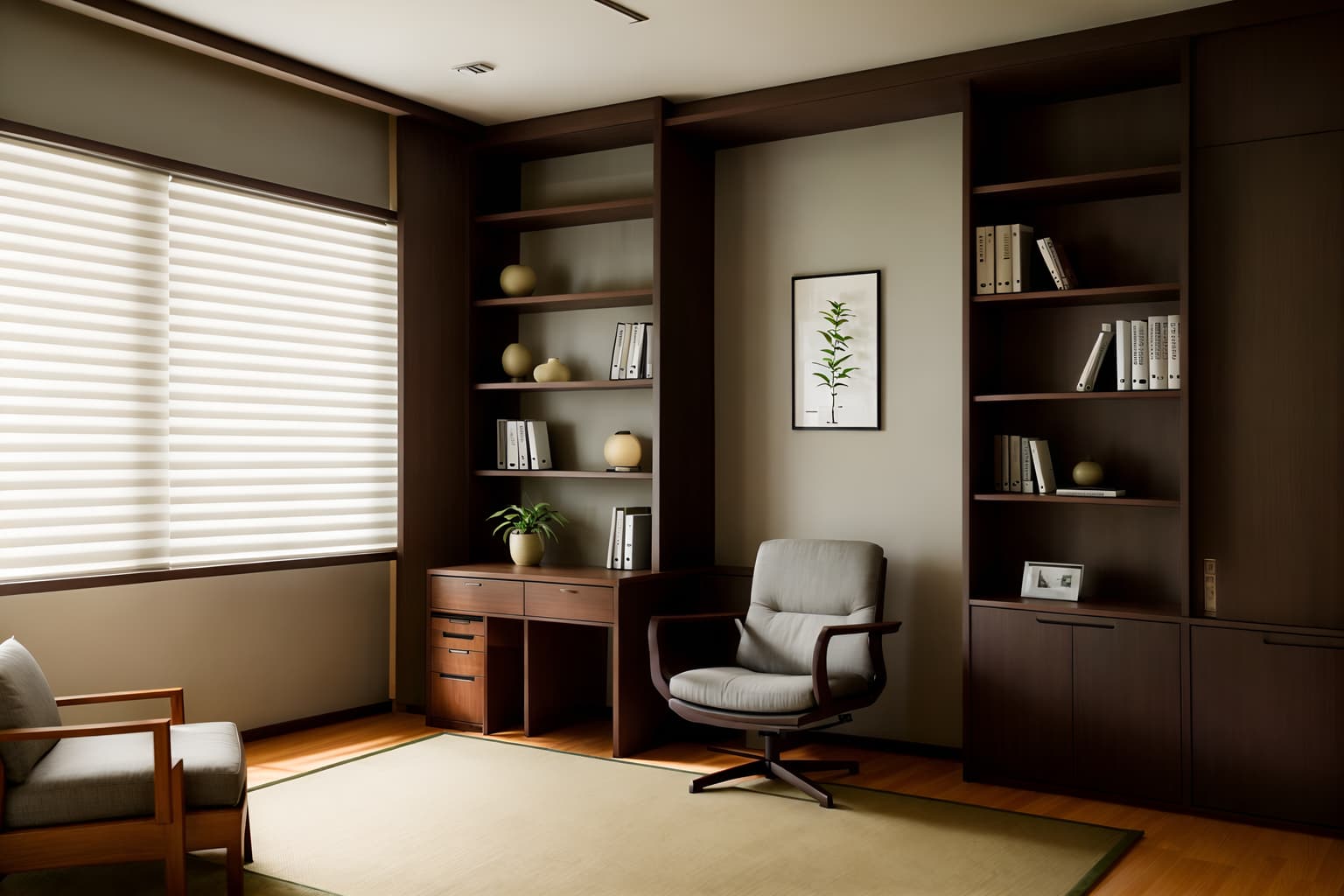 zen-style (study room interior) with lounge chair and bookshelves and plant and writing desk and desk lamp and cabinets and office chair and lounge chair. . with asian zen interior and japanese minimalist interior and asian zen interior and clean lines and simple furniture and serenity and harmony and asian interior and japanese minimalist interior. . cinematic photo, highly detailed, cinematic lighting, ultra-detailed, ultrarealistic, photorealism, 8k. zen interior design style. masterpiece, cinematic light, ultrarealistic+, photorealistic+, 8k, raw photo, realistic, sharp focus on eyes, (symmetrical eyes), (intact eyes), hyperrealistic, highest quality, best quality, , highly detailed, masterpiece, best quality, extremely detailed 8k wallpaper, masterpiece, best quality, ultra-detailed, best shadow, detailed background, detailed face, detailed eyes, high contrast, best illumination, detailed face, dulux, caustic, dynamic angle, detailed glow. dramatic lighting. highly detailed, insanely detailed hair, symmetrical, intricate details, professionally retouched, 8k high definition. strong bokeh. award winning photo.