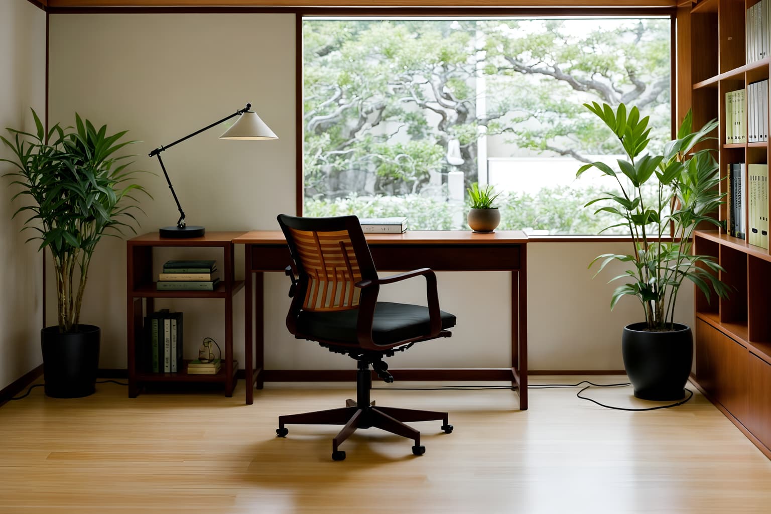 zen-style (study room interior) with lounge chair and bookshelves and plant and writing desk and desk lamp and cabinets and office chair and lounge chair. . with asian zen interior and japanese minimalist interior and asian zen interior and clean lines and simple furniture and serenity and harmony and asian interior and japanese minimalist interior. . cinematic photo, highly detailed, cinematic lighting, ultra-detailed, ultrarealistic, photorealism, 8k. zen interior design style. masterpiece, cinematic light, ultrarealistic+, photorealistic+, 8k, raw photo, realistic, sharp focus on eyes, (symmetrical eyes), (intact eyes), hyperrealistic, highest quality, best quality, , highly detailed, masterpiece, best quality, extremely detailed 8k wallpaper, masterpiece, best quality, ultra-detailed, best shadow, detailed background, detailed face, detailed eyes, high contrast, best illumination, detailed face, dulux, caustic, dynamic angle, detailed glow. dramatic lighting. highly detailed, insanely detailed hair, symmetrical, intricate details, professionally retouched, 8k high definition. strong bokeh. award winning photo.