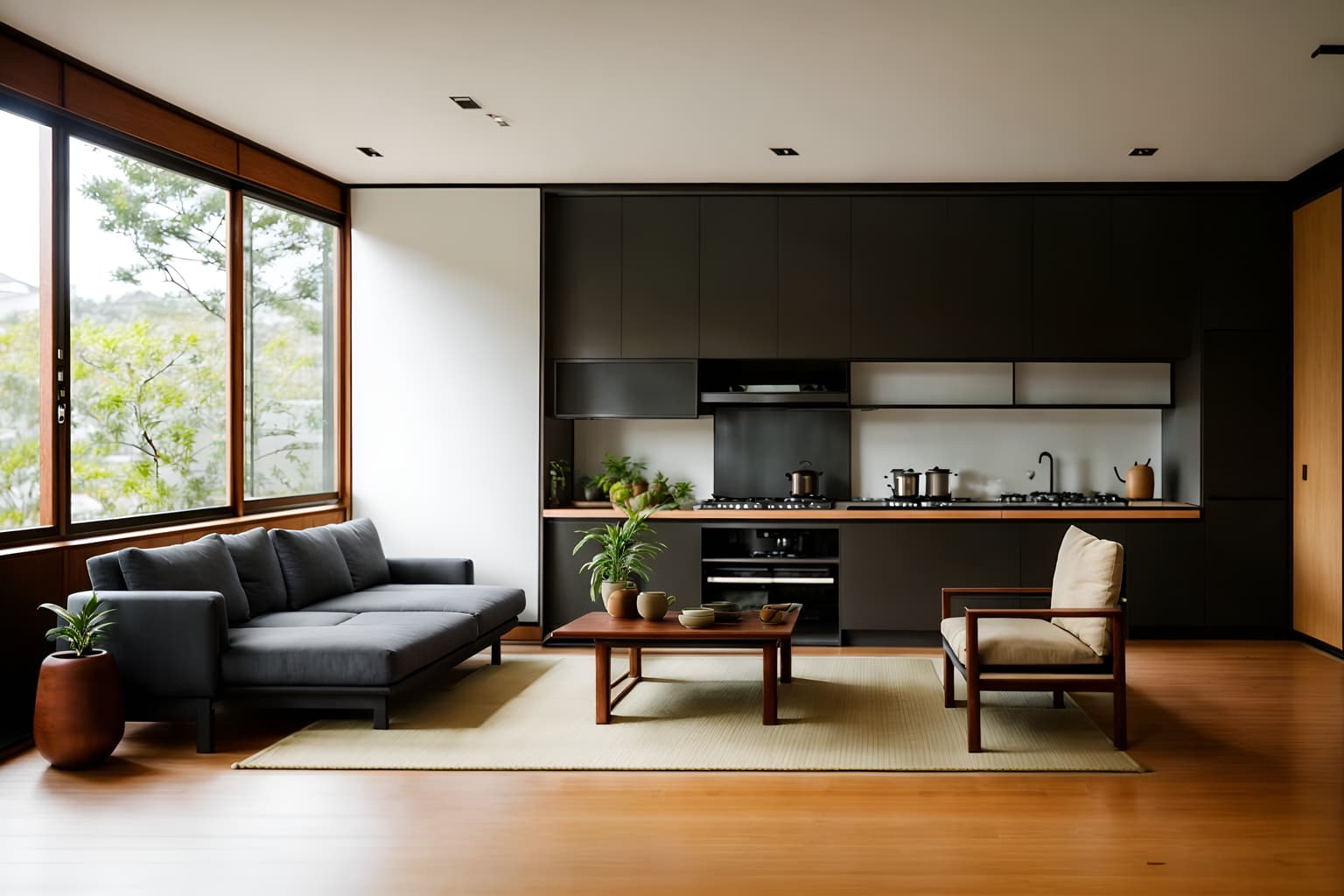 zen-style (kitchen living combo interior) with plant and sink and chairs and stove and rug and coffee tables and sofa and occasional tables. . with asian interior and simple furniture and japanese minimalist interior and clean lines and simplicity and japanese minimalist interior and japanese minimalist interior and natural light. . cinematic photo, highly detailed, cinematic lighting, ultra-detailed, ultrarealistic, photorealism, 8k. zen interior design style. masterpiece, cinematic light, ultrarealistic+, photorealistic+, 8k, raw photo, realistic, sharp focus on eyes, (symmetrical eyes), (intact eyes), hyperrealistic, highest quality, best quality, , highly detailed, masterpiece, best quality, extremely detailed 8k wallpaper, masterpiece, best quality, ultra-detailed, best shadow, detailed background, detailed face, detailed eyes, high contrast, best illumination, detailed face, dulux, caustic, dynamic angle, detailed glow. dramatic lighting. highly detailed, insanely detailed hair, symmetrical, intricate details, professionally retouched, 8k high definition. strong bokeh. award winning photo.