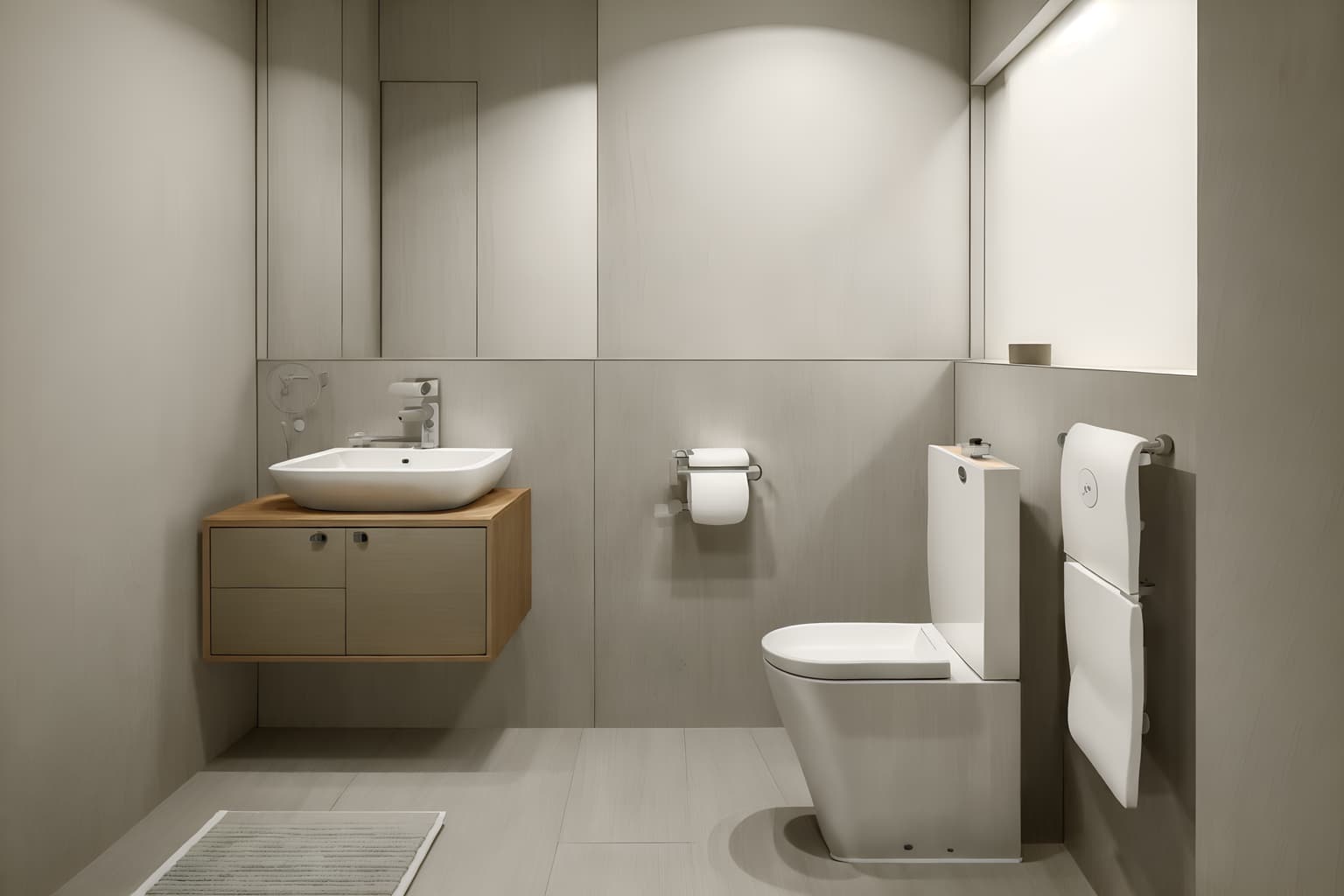 zen-style (toilet interior) with sink with tap and toilet paper hanger and toilet with toilet seat up and sink with tap. . with japanese minimalist interior and japanese interior and japanese minimalist interior and simplicity and asian zen interior and clutter free and mimimalist and calm and neutral colors. . cinematic photo, highly detailed, cinematic lighting, ultra-detailed, ultrarealistic, photorealism, 8k. zen interior design style. masterpiece, cinematic light, ultrarealistic+, photorealistic+, 8k, raw photo, realistic, sharp focus on eyes, (symmetrical eyes), (intact eyes), hyperrealistic, highest quality, best quality, , highly detailed, masterpiece, best quality, extremely detailed 8k wallpaper, masterpiece, best quality, ultra-detailed, best shadow, detailed background, detailed face, detailed eyes, high contrast, best illumination, detailed face, dulux, caustic, dynamic angle, detailed glow. dramatic lighting. highly detailed, insanely detailed hair, symmetrical, intricate details, professionally retouched, 8k high definition. strong bokeh. award winning photo.