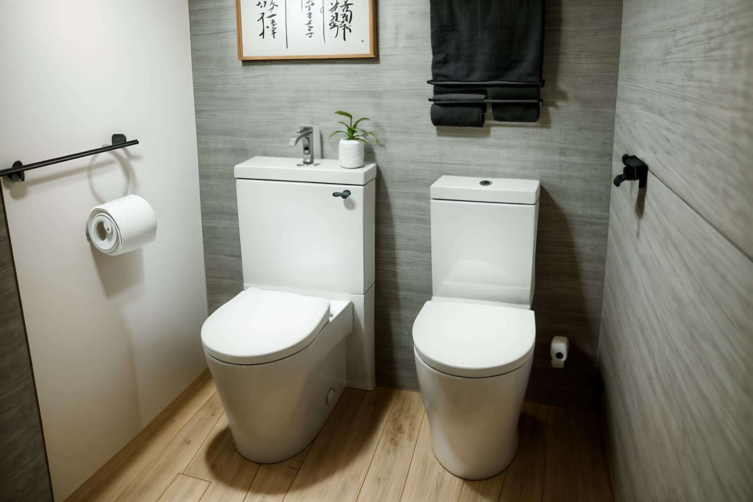 zen-style (toilet interior) with sink with tap and toilet paper hanger and toilet with toilet seat up and sink with tap. . with japanese minimalist interior and japanese interior and japanese minimalist interior and simplicity and asian zen interior and clutter free and mimimalist and calm and neutral colors. . cinematic photo, highly detailed, cinematic lighting, ultra-detailed, ultrarealistic, photorealism, 8k. zen interior design style. masterpiece, cinematic light, ultrarealistic+, photorealistic+, 8k, raw photo, realistic, sharp focus on eyes, (symmetrical eyes), (intact eyes), hyperrealistic, highest quality, best quality, , highly detailed, masterpiece, best quality, extremely detailed 8k wallpaper, masterpiece, best quality, ultra-detailed, best shadow, detailed background, detailed face, detailed eyes, high contrast, best illumination, detailed face, dulux, caustic, dynamic angle, detailed glow. dramatic lighting. highly detailed, insanely detailed hair, symmetrical, intricate details, professionally retouched, 8k high definition. strong bokeh. award winning photo.