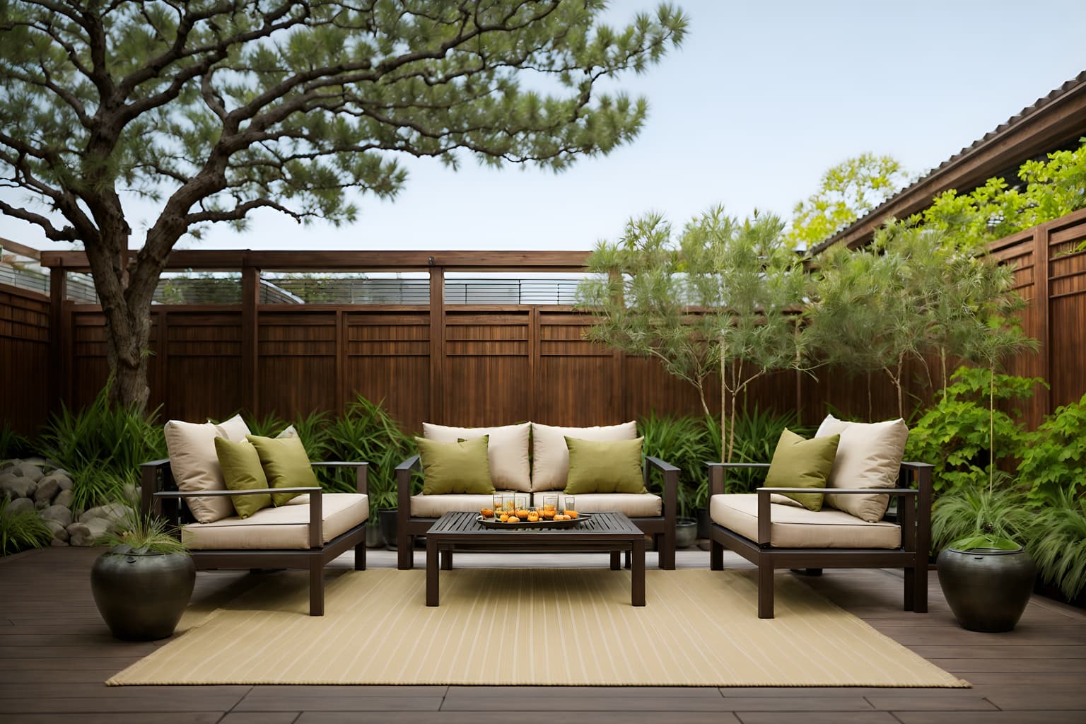 zen-style designed (outdoor patio ) with barbeque or grill and patio couch with pillows and deck with deck chairs and grass and plant and barbeque or grill. . with natural textures and simplicity and japanese and asian and asian zen and japanese minimalist and serenity and harmony and calm and neutral colors. . cinematic photo, highly detailed, cinematic lighting, ultra-detailed, ultrarealistic, photorealism, 8k. zen design style. masterpiece, cinematic light, ultrarealistic+, photorealistic+, 8k, raw photo, realistic, sharp focus on eyes, (symmetrical eyes), (intact eyes), hyperrealistic, highest quality, best quality, , highly detailed, masterpiece, best quality, extremely detailed 8k wallpaper, masterpiece, best quality, ultra-detailed, best shadow, detailed background, detailed face, detailed eyes, high contrast, best illumination, detailed face, dulux, caustic, dynamic angle, detailed glow. dramatic lighting. highly detailed, insanely detailed hair, symmetrical, intricate details, professionally retouched, 8k high definition. strong bokeh. award winning photo.