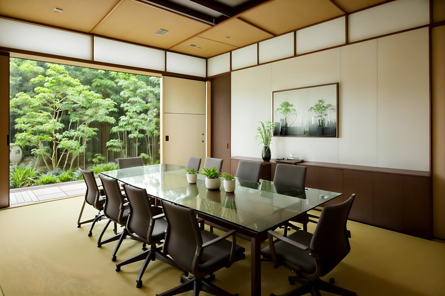 zen-style (meeting room interior) with plant and glass walls and cabinets and painting or photo on wall and vase and boardroom table and glass doors and office chairs. . with japanese minimalist interior and japanese minimalist interior and clutter free and japanese interior and calm and neutral colors and natural textures and japanese minimalist interior and serenity and harmony. . cinematic photo, highly detailed, cinematic lighting, ultra-detailed, ultrarealistic, photorealism, 8k. zen interior design style. masterpiece, cinematic light, ultrarealistic+, photorealistic+, 8k, raw photo, realistic, sharp focus on eyes, (symmetrical eyes), (intact eyes), hyperrealistic, highest quality, best quality, , highly detailed, masterpiece, best quality, extremely detailed 8k wallpaper, masterpiece, best quality, ultra-detailed, best shadow, detailed background, detailed face, detailed eyes, high contrast, best illumination, detailed face, dulux, caustic, dynamic angle, detailed glow. dramatic lighting. highly detailed, insanely detailed hair, symmetrical, intricate details, professionally retouched, 8k high definition. strong bokeh. award winning photo.