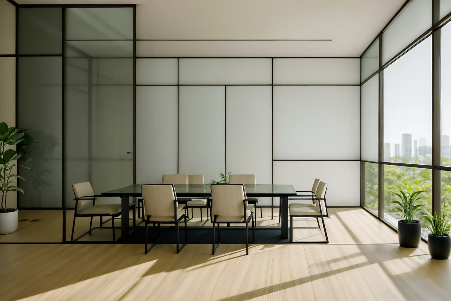 zen-style (meeting room interior) with plant and glass walls and cabinets and painting or photo on wall and vase and boardroom table and glass doors and office chairs. . with japanese minimalist interior and japanese minimalist interior and clutter free and japanese interior and calm and neutral colors and natural textures and japanese minimalist interior and serenity and harmony. . cinematic photo, highly detailed, cinematic lighting, ultra-detailed, ultrarealistic, photorealism, 8k. zen interior design style. masterpiece, cinematic light, ultrarealistic+, photorealistic+, 8k, raw photo, realistic, sharp focus on eyes, (symmetrical eyes), (intact eyes), hyperrealistic, highest quality, best quality, , highly detailed, masterpiece, best quality, extremely detailed 8k wallpaper, masterpiece, best quality, ultra-detailed, best shadow, detailed background, detailed face, detailed eyes, high contrast, best illumination, detailed face, dulux, caustic, dynamic angle, detailed glow. dramatic lighting. highly detailed, insanely detailed hair, symmetrical, intricate details, professionally retouched, 8k high definition. strong bokeh. award winning photo.