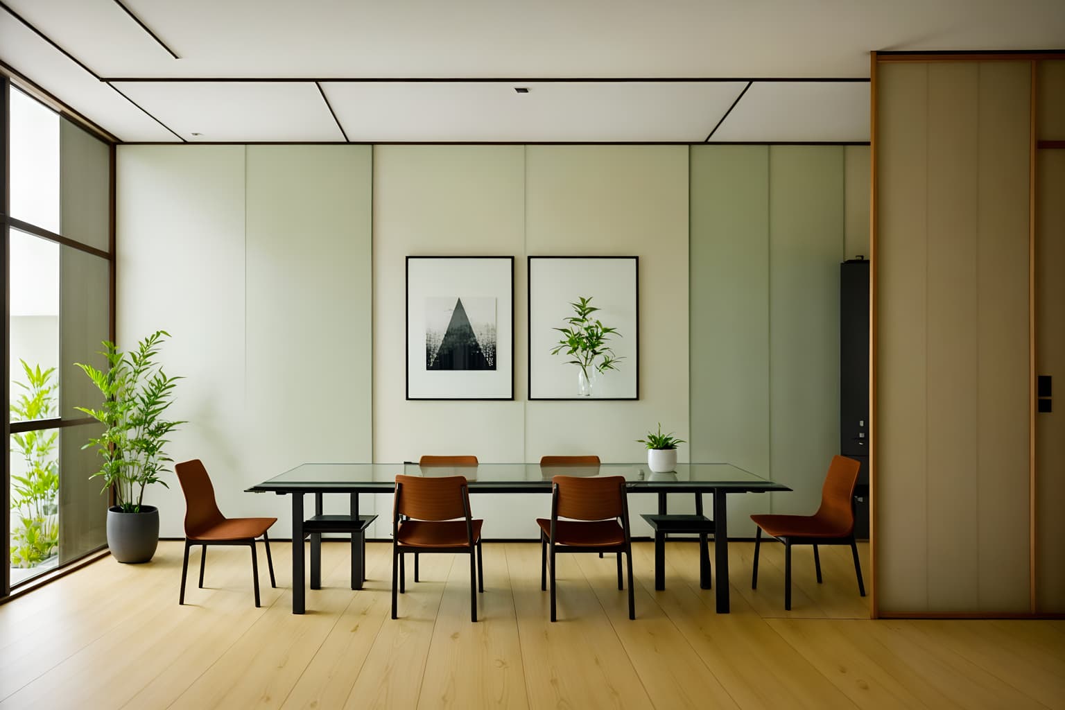 zen-style (meeting room interior) with plant and glass walls and cabinets and painting or photo on wall and vase and boardroom table and glass doors and office chairs. . with japanese minimalist interior and japanese minimalist interior and clutter free and japanese interior and calm and neutral colors and natural textures and japanese minimalist interior and serenity and harmony. . cinematic photo, highly detailed, cinematic lighting, ultra-detailed, ultrarealistic, photorealism, 8k. zen interior design style. masterpiece, cinematic light, ultrarealistic+, photorealistic+, 8k, raw photo, realistic, sharp focus on eyes, (symmetrical eyes), (intact eyes), hyperrealistic, highest quality, best quality, , highly detailed, masterpiece, best quality, extremely detailed 8k wallpaper, masterpiece, best quality, ultra-detailed, best shadow, detailed background, detailed face, detailed eyes, high contrast, best illumination, detailed face, dulux, caustic, dynamic angle, detailed glow. dramatic lighting. highly detailed, insanely detailed hair, symmetrical, intricate details, professionally retouched, 8k high definition. strong bokeh. award winning photo.